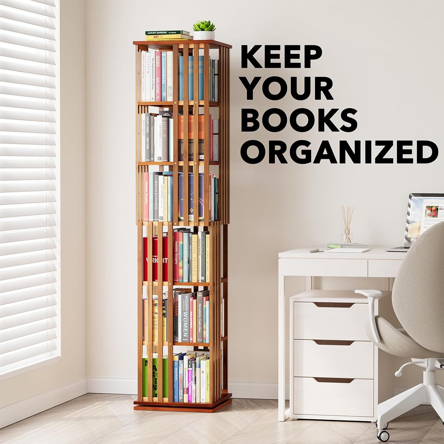 SpaceAid 6 Tier Rotating Bookshelf Tower, Bamboo Spinning Book Shelf, Revolving 360 Bookcase Storage Swivel Round Carousel, Vertical Rotate Turning Spiral Corner Organizer (6-Tier Walnut)