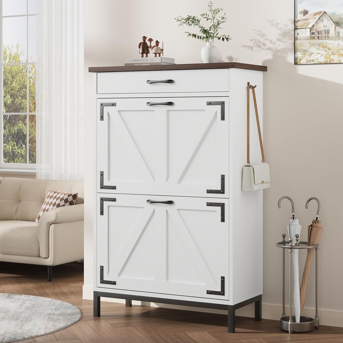 Shoe Storage Cabinet with 2 Flip Drawers, Narrow Shoe Cabinet for Entryway with 1 Top Drawer, Freestanding Hidden Shoe Rack Cabinet with Metal Legs for Foyer, Hallway (White)