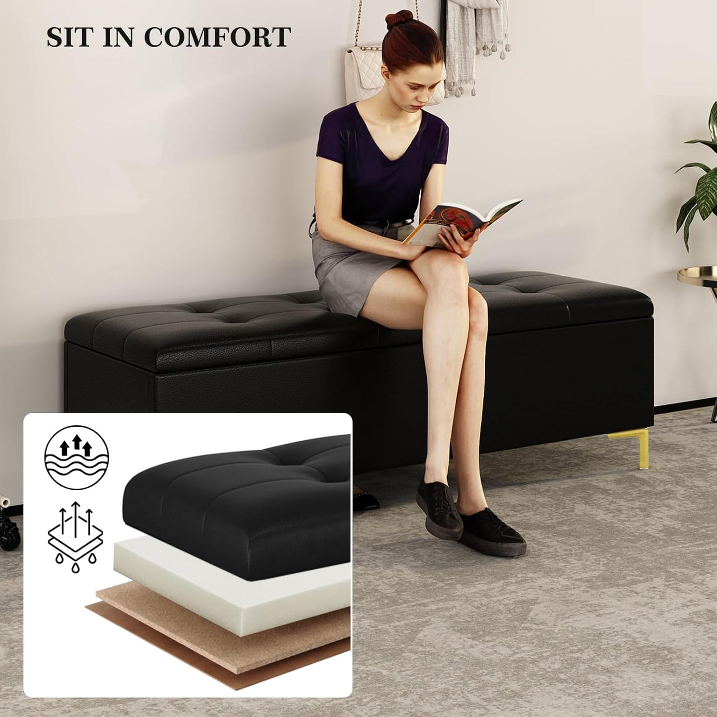 Storage Ottoman Bench 60.2 Inches, Upholstered End of Bed Bench with Large Storge and Seating, Long Ottoman with Safty Hinge for Entryway, Linving Room, Bedroom,Holds Up to 600 Lbs, Black