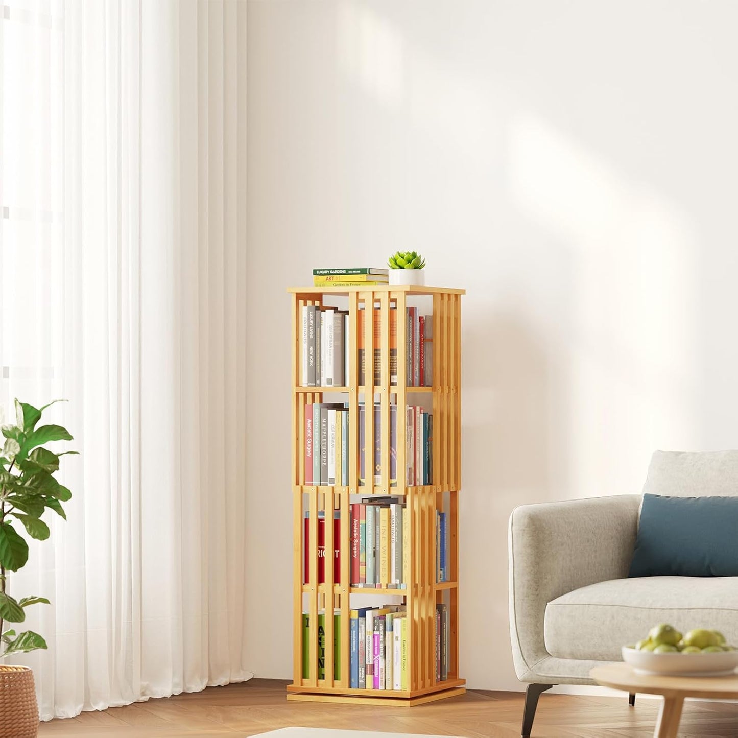 SpaceAid 6 Tier Rotating Bookshelf Tower, Bamboo Spinning Book Shelf, Revolving 360 Bookcase Storage Swivel Round Carousel, Vertical Rotate Turning Spiral Corner Organizer (6-Tier Walnut)