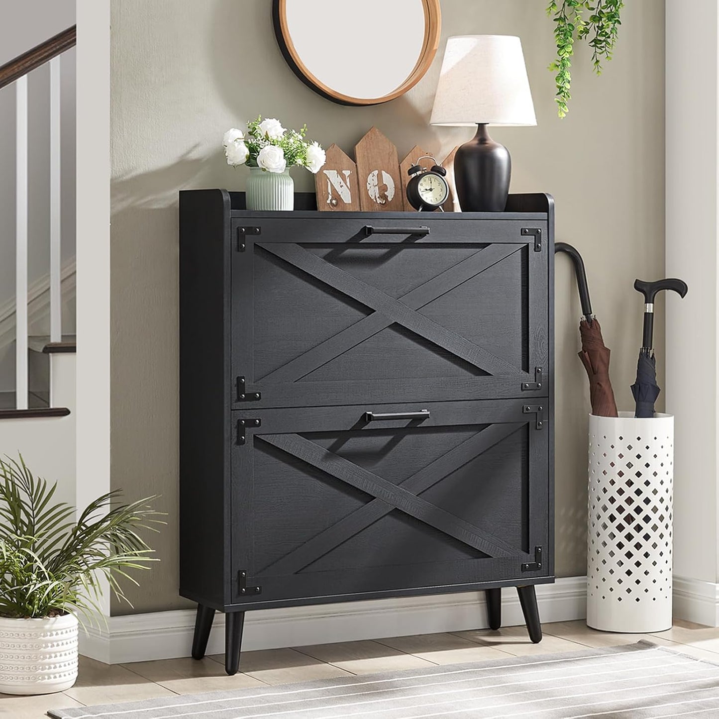 Shoe Storage Cabinet,Farmhouse Shoe Organizer with 2 Flip Drawers & Barn Door Design,Freestanding Hidden Slim Narrow Shoe Rack Cabinet for Entryway,Foyer,Hallway,Walnut