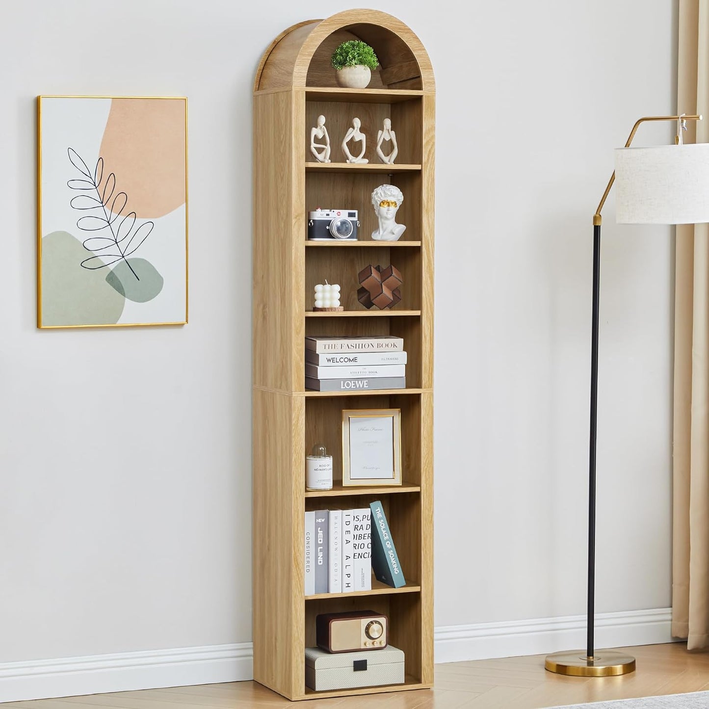Tall Narrow Arched Bookshelf, 8-Tier Skinny Arch Bookcase for Small Space, Freestanding Storage Organizer with Adjustable Shelves, Open Display Shelves for Living Room, Entryway, Bathroom (Walnut)