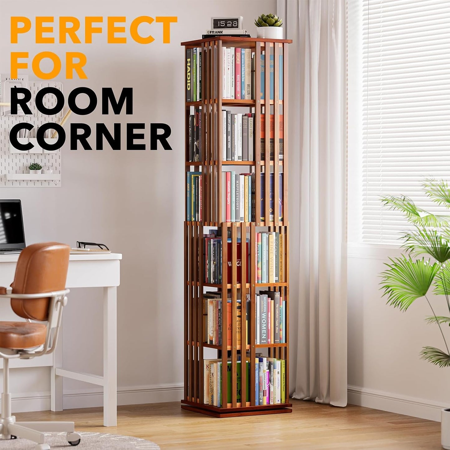 SpaceAid 6 Tier Rotating Bookshelf Tower, Bamboo Spinning Book Shelf, Revolving 360 Bookcase Storage Swivel Round Carousel, Vertical Rotate Turning Spiral Corner Organizer (6-Tier Walnut)