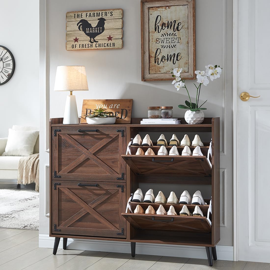 Shoe Storage Cabinet,Farmhouse Shoe Organizer with 2 Flip Drawers & Barn Door Design,Freestanding Hidden Slim Narrow Shoe Rack Cabinet for Entryway,Foyer,Hallway,Walnut