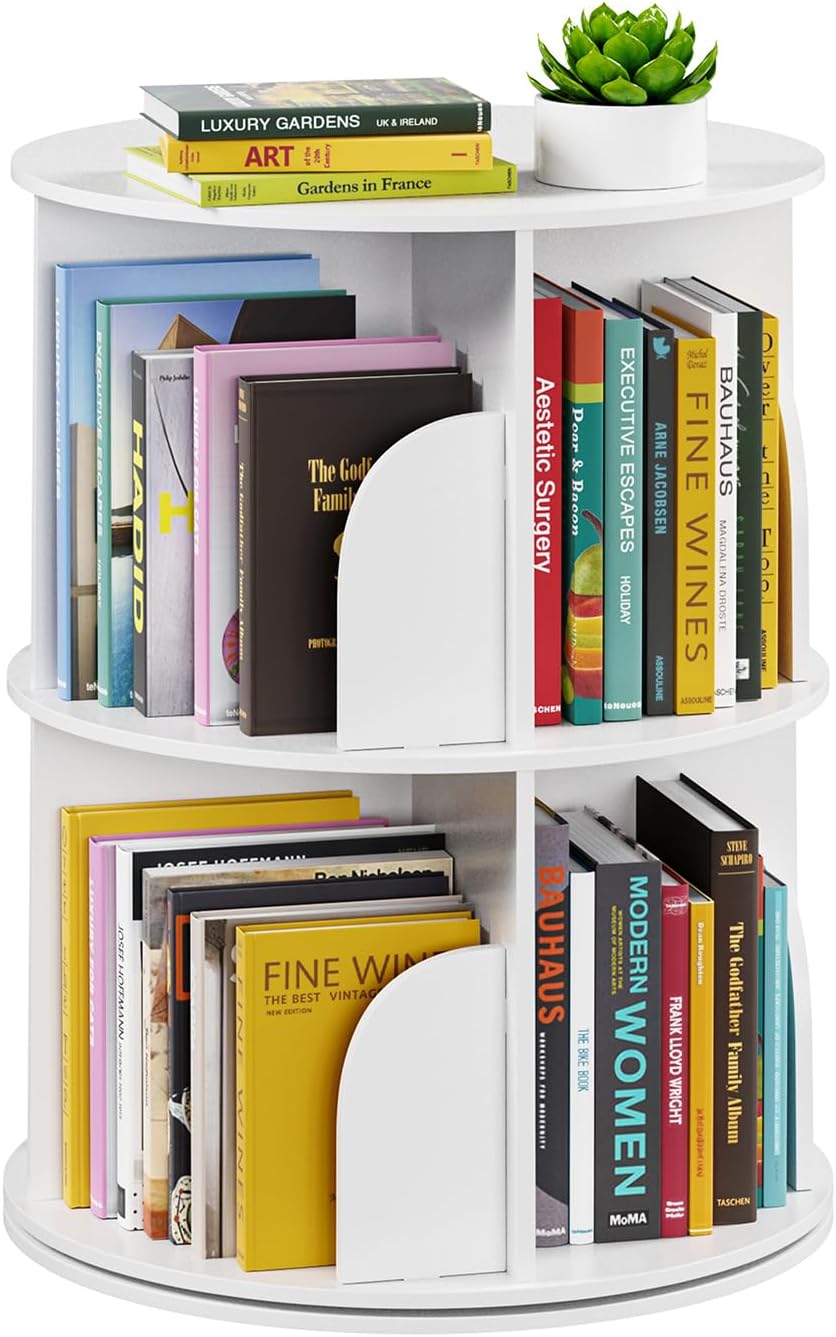 SpaceAid 4 Tier Rotating Bookshelf Tower, Spinning Bookcase Lazy Susan, Revolving 360 Book Shelf Storage Round Carousel, Vertical Rotate Turning Spiral Corner Organizer, White