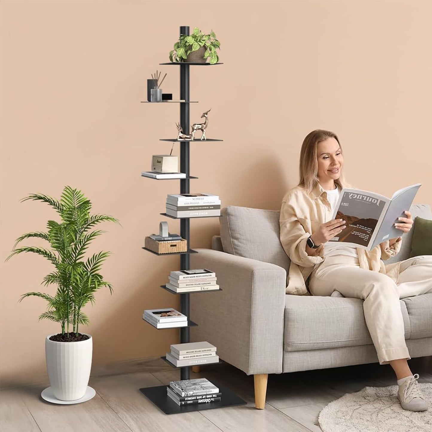 9 Tier Metal Spine Bookshelf Tower, Adjustable Vertical Tower for Books, Vertical Spine Book Tower, Tall Open Shelf 360 Display Storage Organizer for Study Room,Living Room,Office,Bedroom(Black)