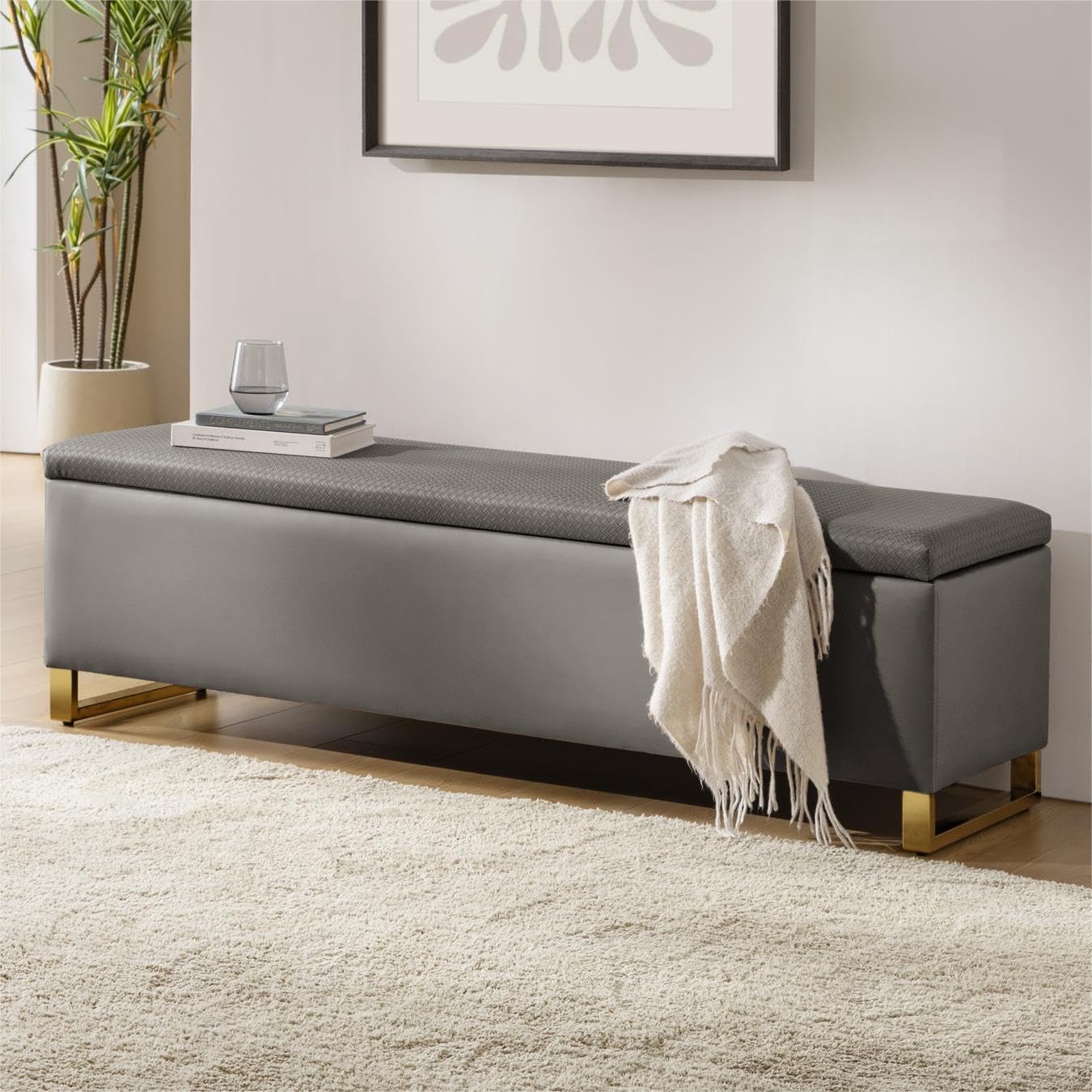 Storage Ottoman Bench with Throw Ottomans, Modern End of Bed Bench, Upholstered Footrest Stool with Gold Legs for Living, Bedroom, Entryway and Hallway(Camel 60inch)