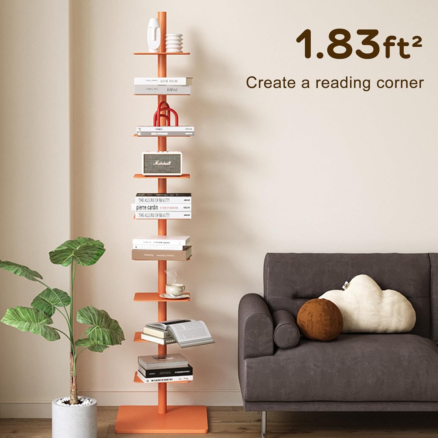9-Tier Metal Spine Bookshelf - Vertical Tower for Booksfor Small Spaces, Multipurpose Corner Bookshelf, Tall & Narrow Ladder Bookcase, Ideal Book Display for Home or Office (White)