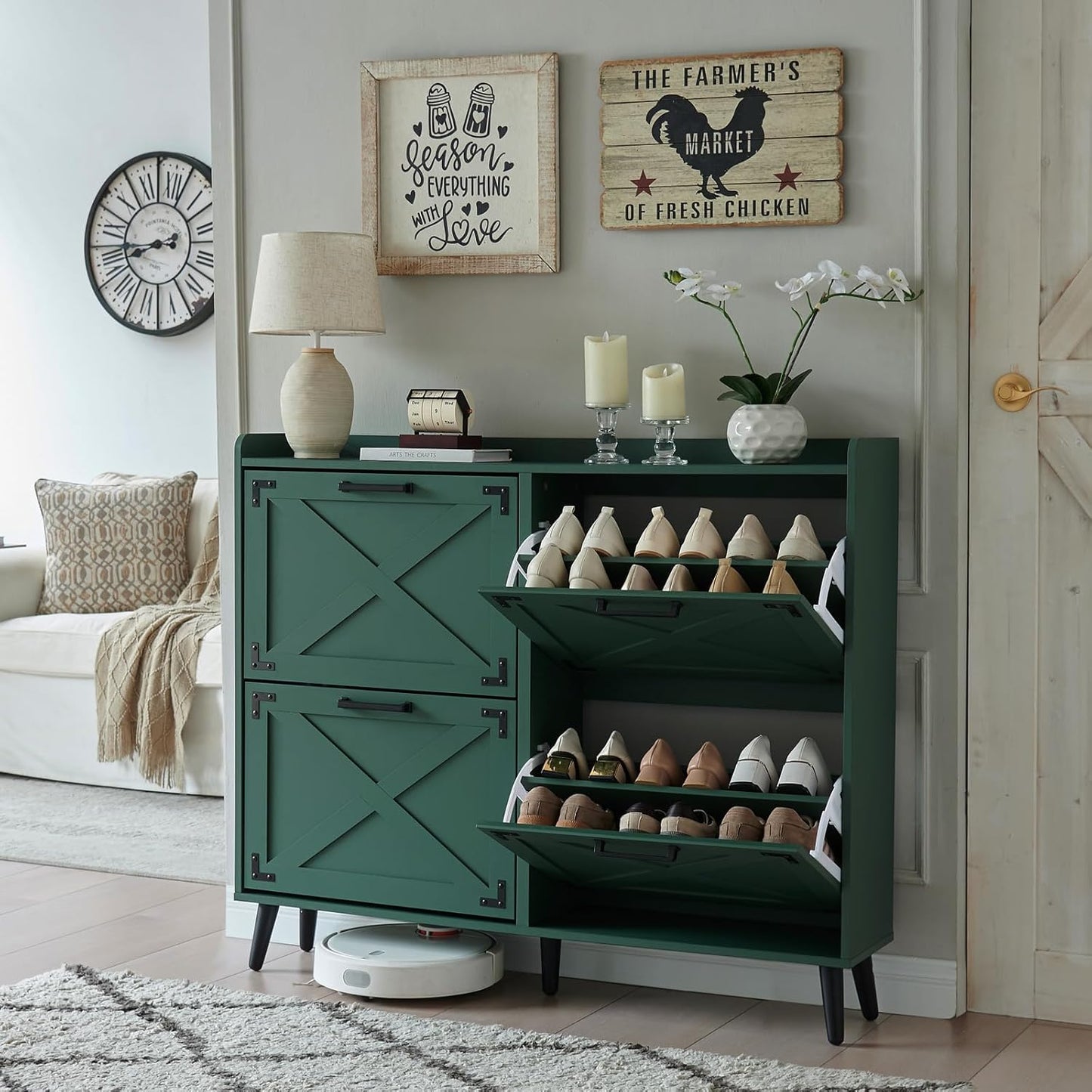 Shoe Storage Cabinet,Farmhouse Shoe Organizer with 2 Flip Drawers & Barn Door Design,Freestanding Hidden Slim Narrow Shoe Rack Cabinet for Entryway,Foyer,Hallway,Walnut