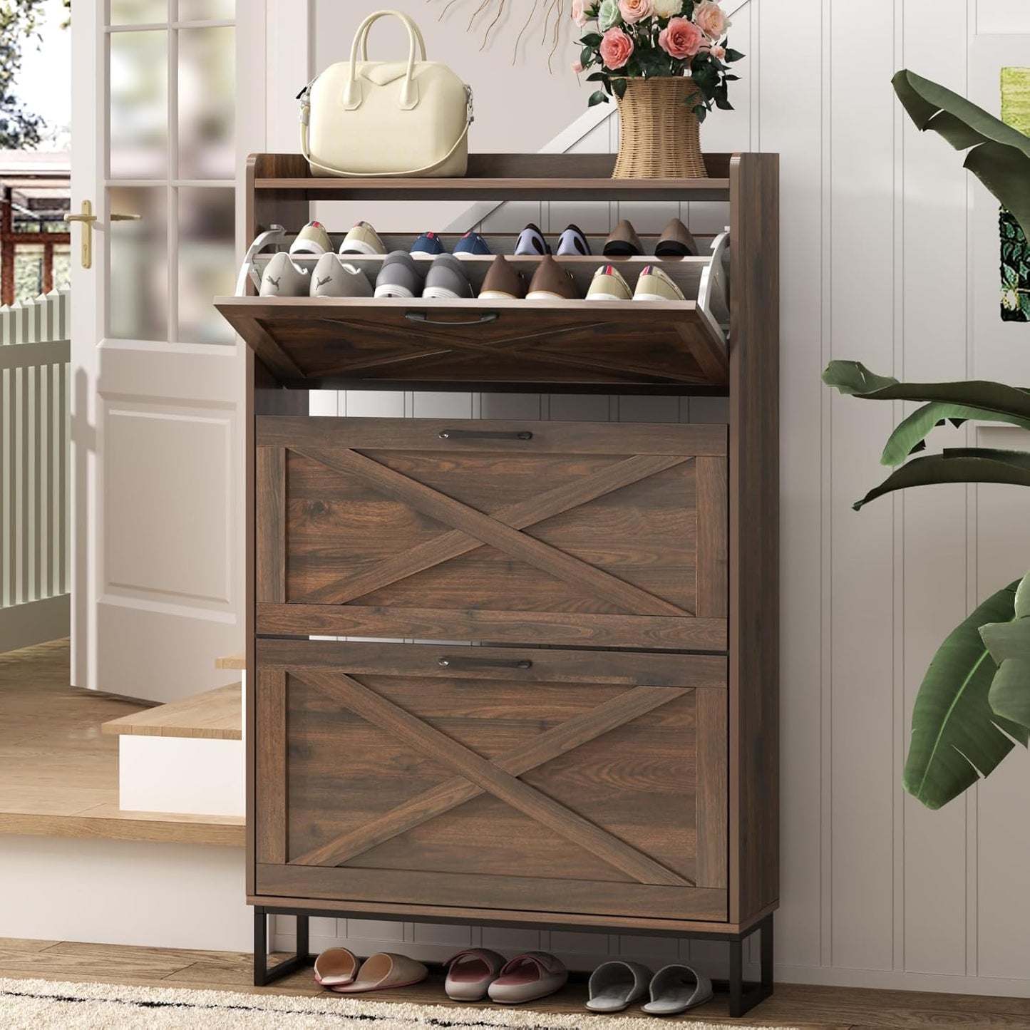 Maupvit Shoe Storage Cabinet with 2 Flip Drawers, Freestanding Organizer with Metal Legs for Entryway, Narrow Shoe Rack Cabinet, Dark Walnut