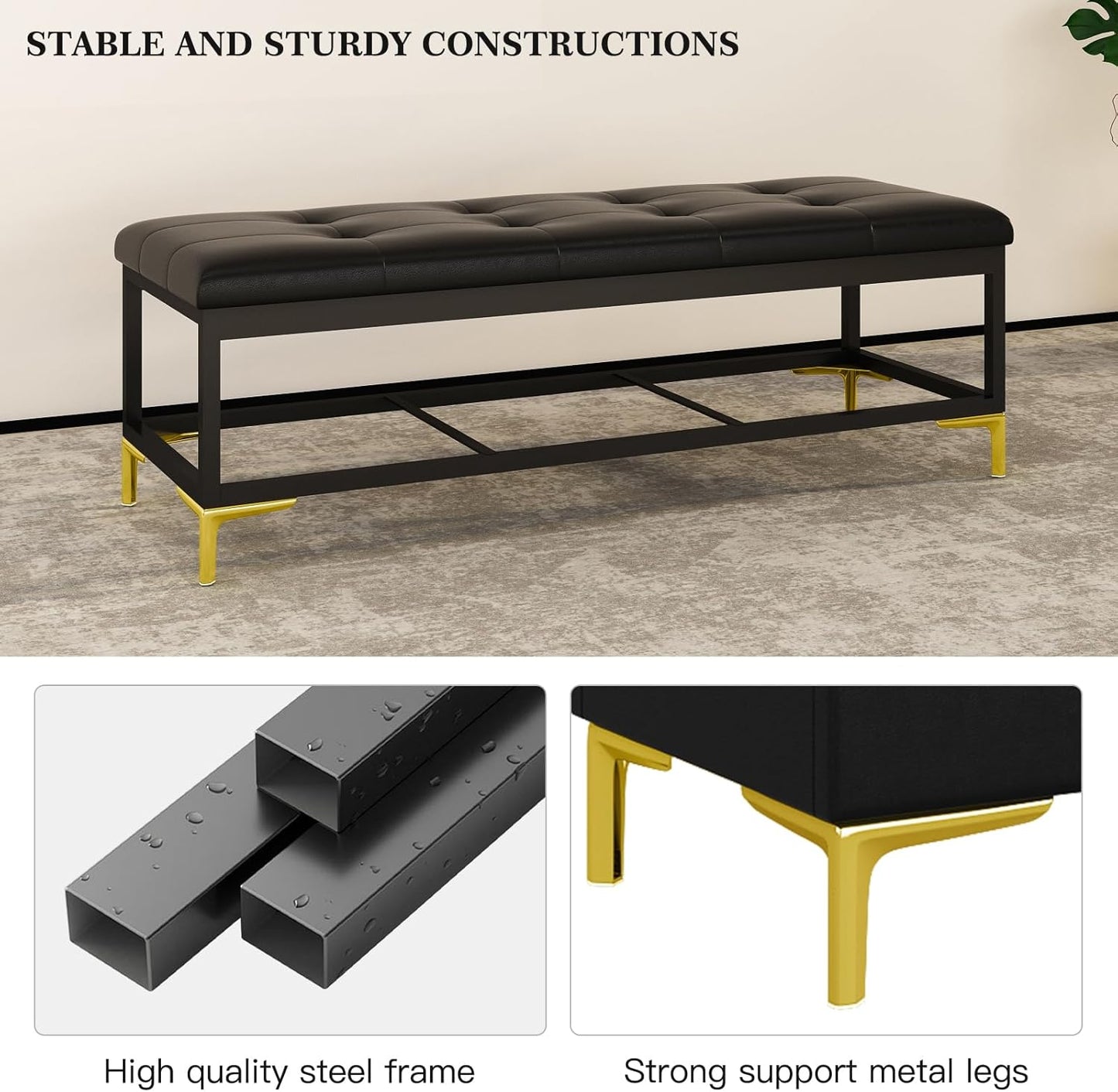 Storage Ottoman Bench 60.2 Inches, Upholstered End of Bed Bench with Large Storge and Seating, Long Ottoman with Safty Hinge for Entryway, Linving Room, Bedroom,Holds Up to 600 Lbs, Black
