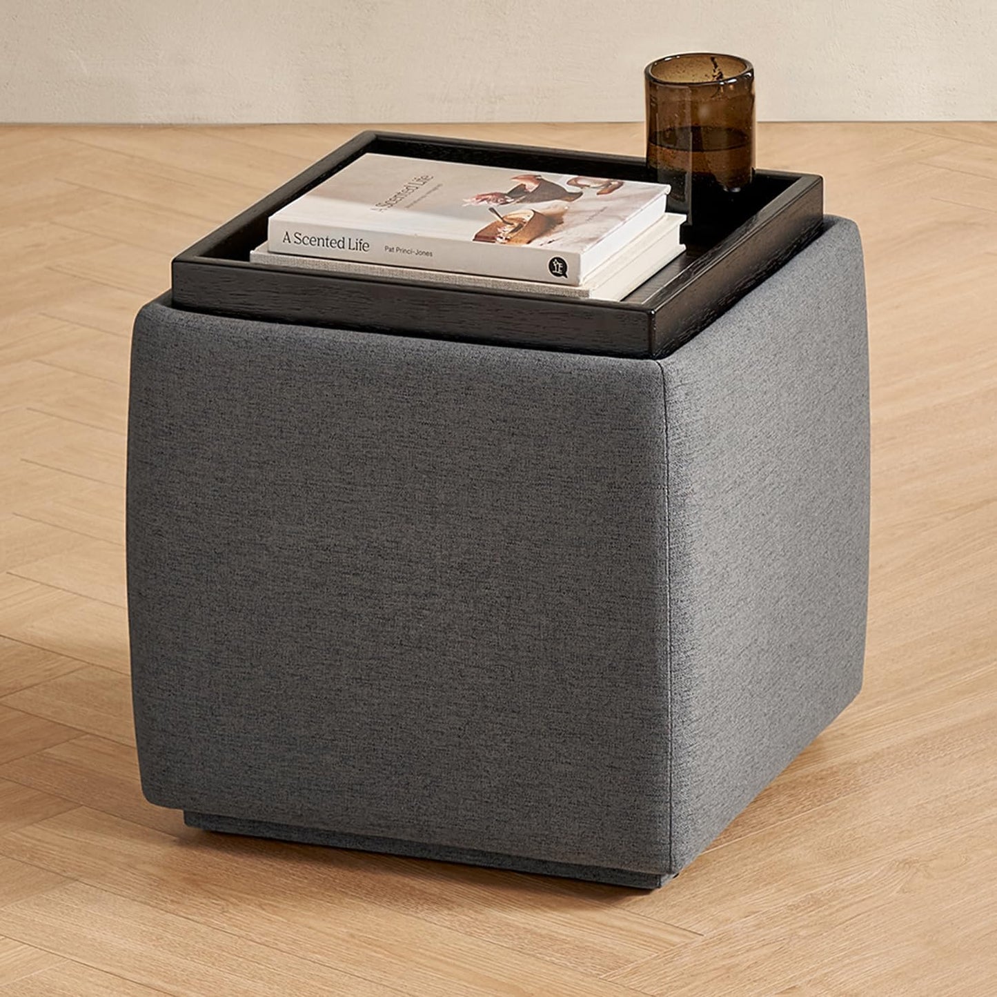 mopio Levi Storage Bench with Reversible Tray, Modern Storage Coffee Table, Bedroom Bench, Rectangular Cube Upholstered Coffee Table Ottoman for Living Room, Bedroom (Faux Leather, Pecan Brown)
