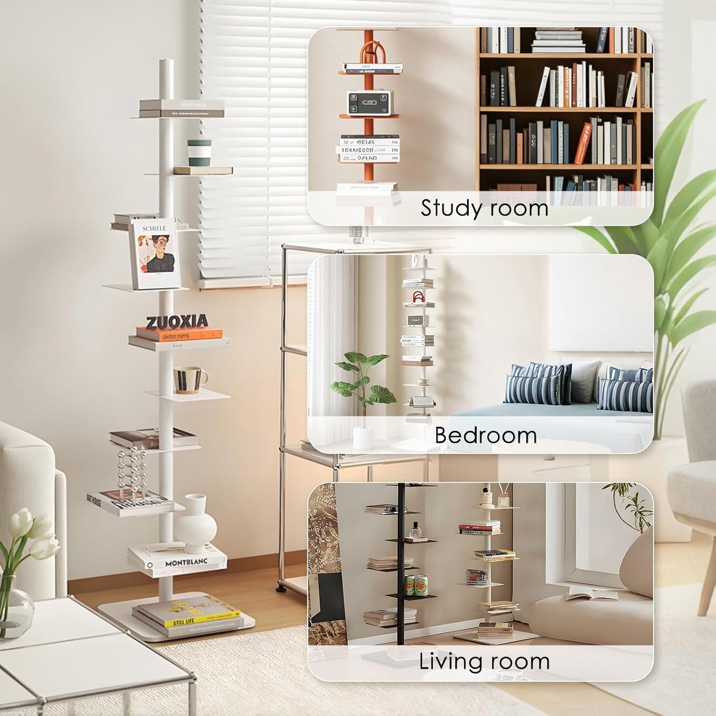 9-Tier Metal Spine Bookshelf - Vertical Tower for Booksfor Small Spaces, Multipurpose Corner Bookshelf, Tall & Narrow Ladder Bookcase, Ideal Book Display for Home or Office (White)