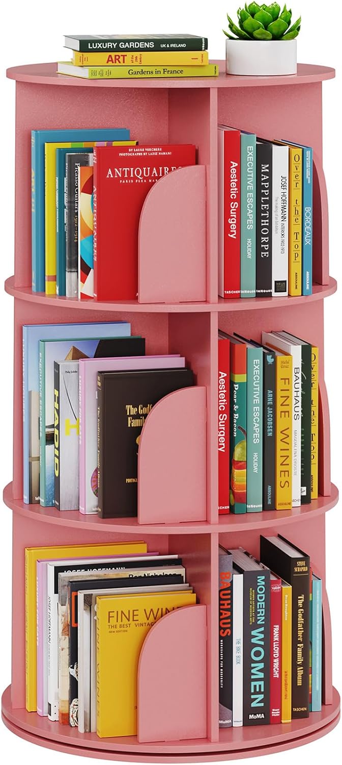 SpaceAid 4 Tier Rotating Bookshelf Tower, Spinning Bookcase Lazy Susan, Revolving 360 Book Shelf Storage Round Carousel, Vertical Rotate Turning Spiral Corner Organizer, White