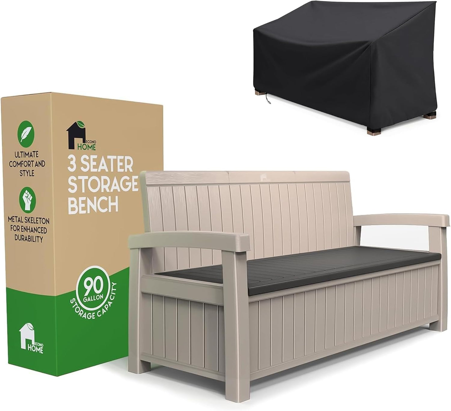 EconoHome 3 Seat Outdoor Storage Bench - 90 Gallon Capacity - Weatherproof Resin Bench for Patio, Porch, Garden, Yard, Pool Area - Furniture for Pool Accessories, Gardening Tools, Toys