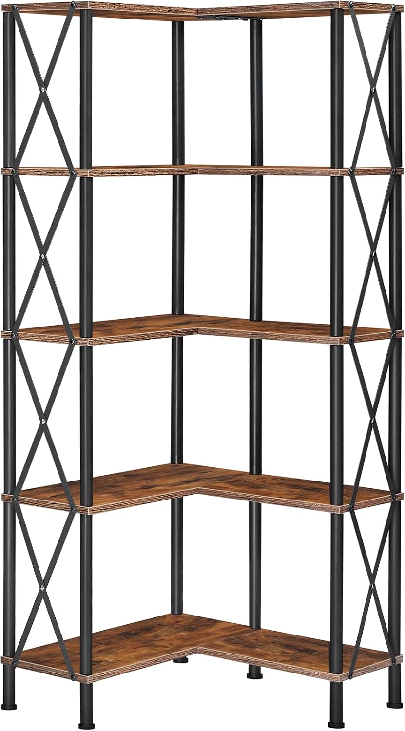 HOOBRO Corner Bookshelf, 5-Tier L-Shaped Bookcase, Industrial Open Display Shelf Tall Storage Organizer, Vertical Storage Rack, for Living Room, Home Office, Rustic Brown and Black BF60SJ01