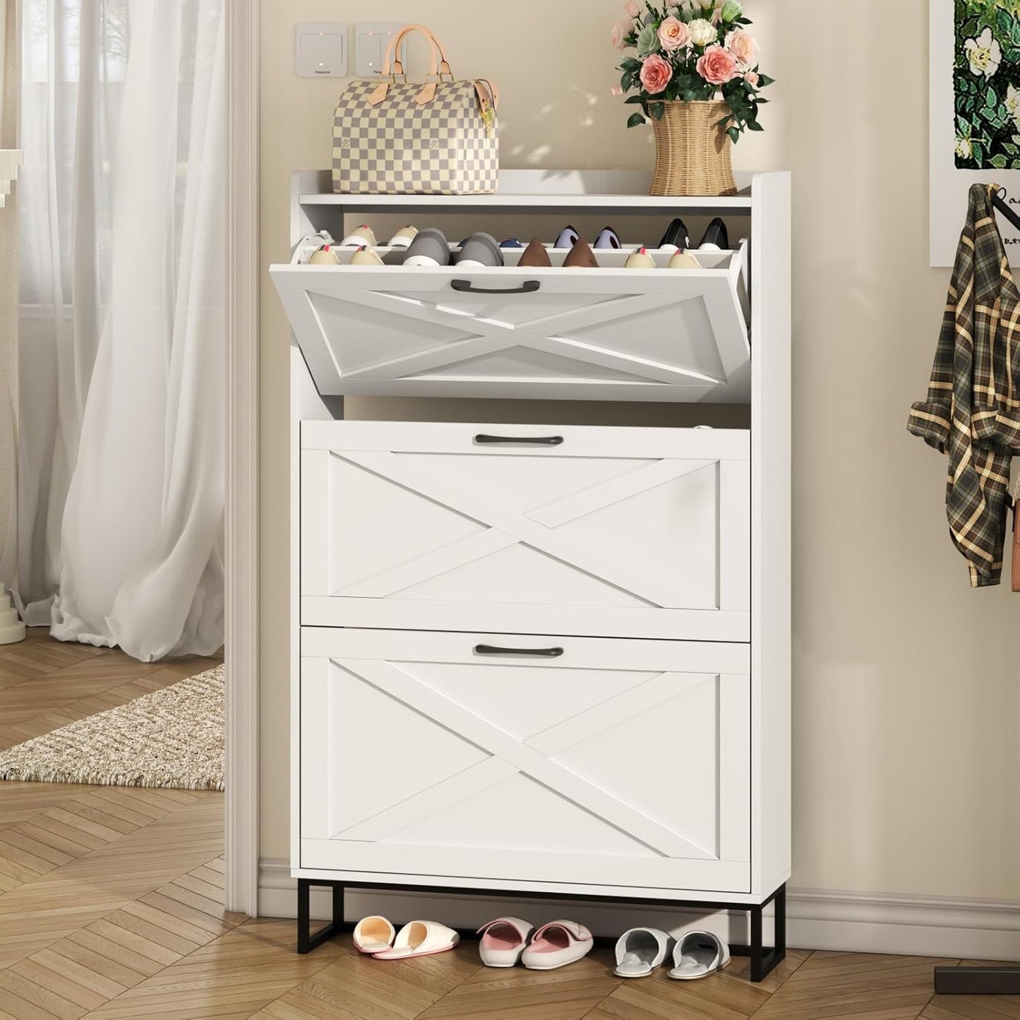 Maupvit Shoe Storage Cabinet with 2 Flip Drawers, Freestanding Organizer with Metal Legs for Entryway, Narrow Shoe Rack Cabinet, Dark Walnut
