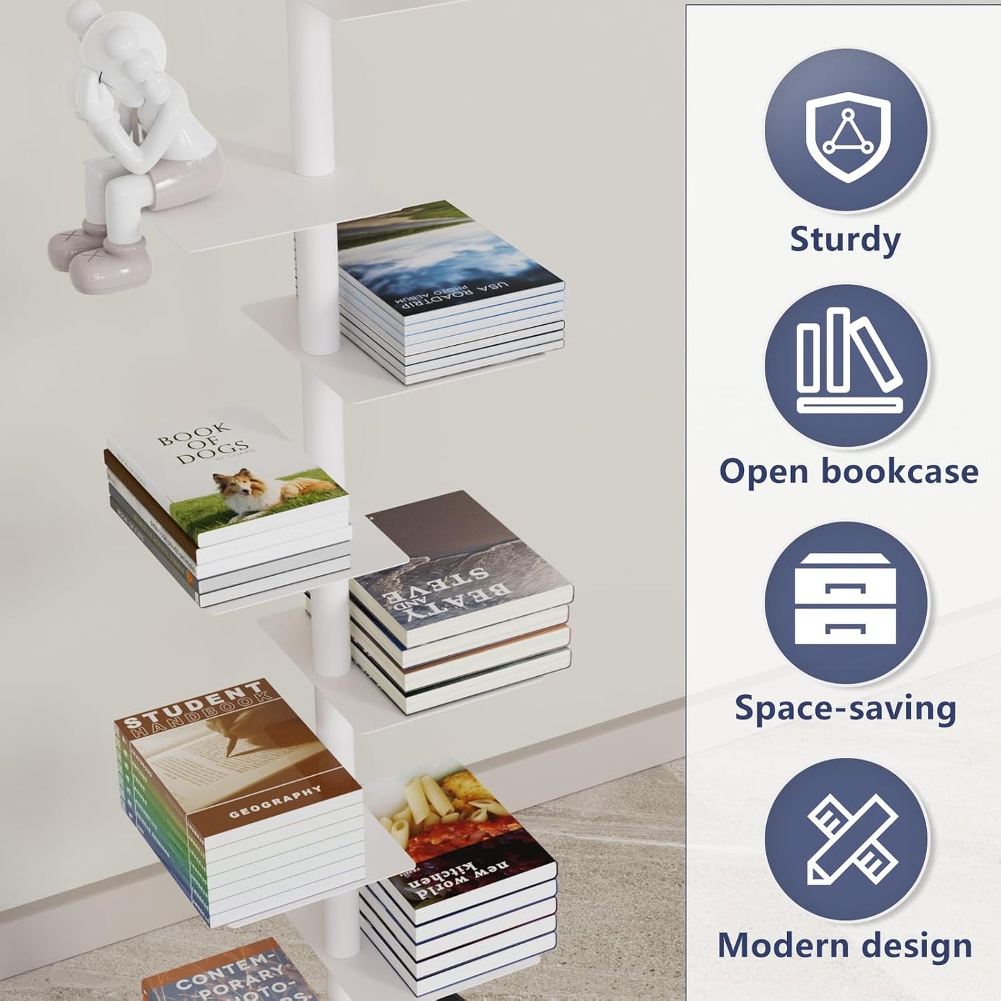 Choowin 9 Tier Metal Bookshelf Vertical Spine Bookshelf White Bookcase - Adjustable Tall Narrow Book Shelf Book Tower for Bedroom Living Room Office Home Décor