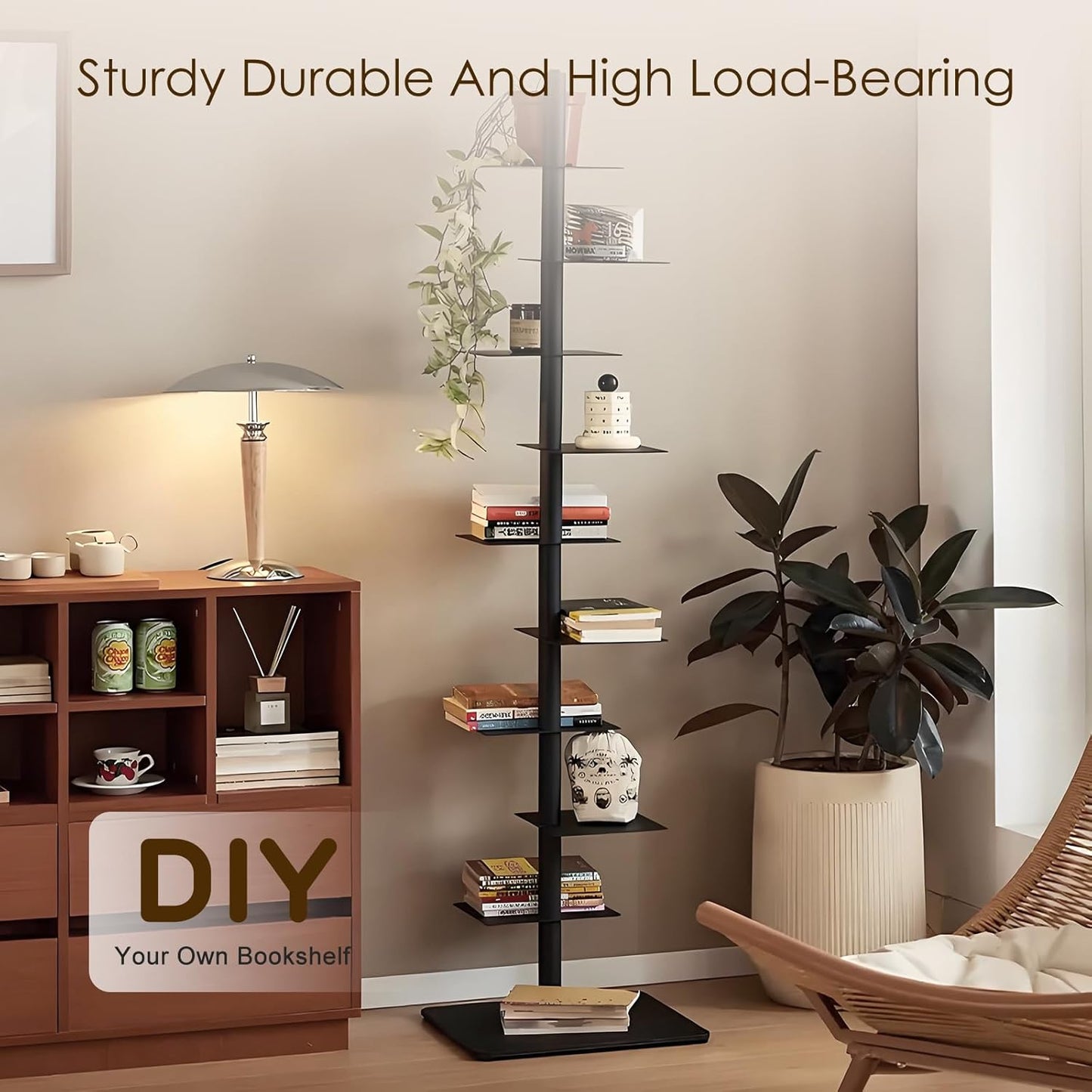 9-Tier Metal Spine Bookshelf - Vertical Tower for Booksfor Small Spaces, Multipurpose Corner Bookshelf, Tall & Narrow Ladder Bookcase, Ideal Book Display for Home or Office (White)
