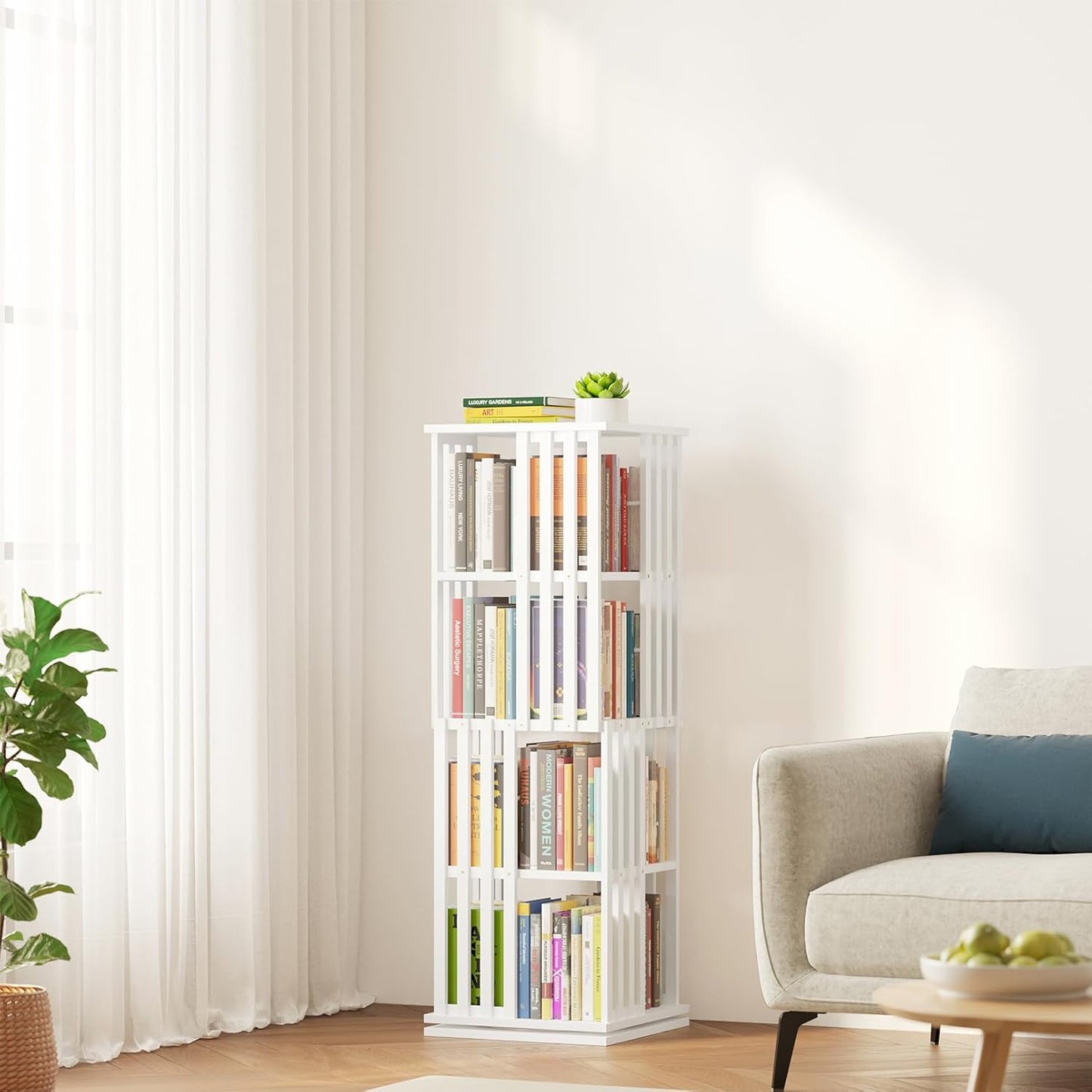 SpaceAid 6 Tier Rotating Bookshelf Tower, Bamboo Spinning Book Shelf, Revolving 360 Bookcase Storage Swivel Round Carousel, Vertical Rotate Turning Spiral Corner Organizer (6-Tier Walnut)