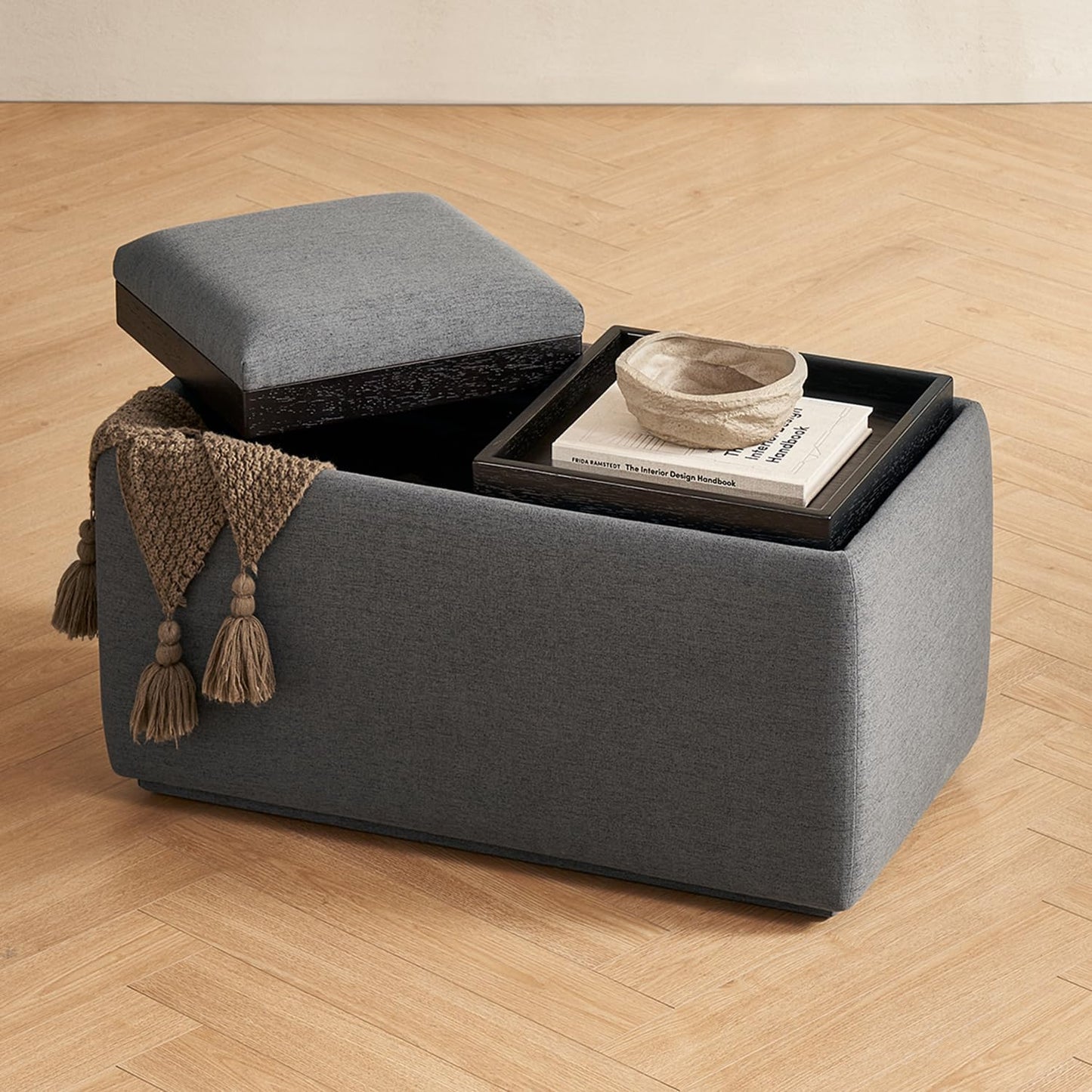 mopio Levi Storage Bench with Reversible Tray, Modern Storage Coffee Table, Bedroom Bench, Rectangular Cube Upholstered Coffee Table Ottoman for Living Room, Bedroom (Faux Leather, Pecan Brown)