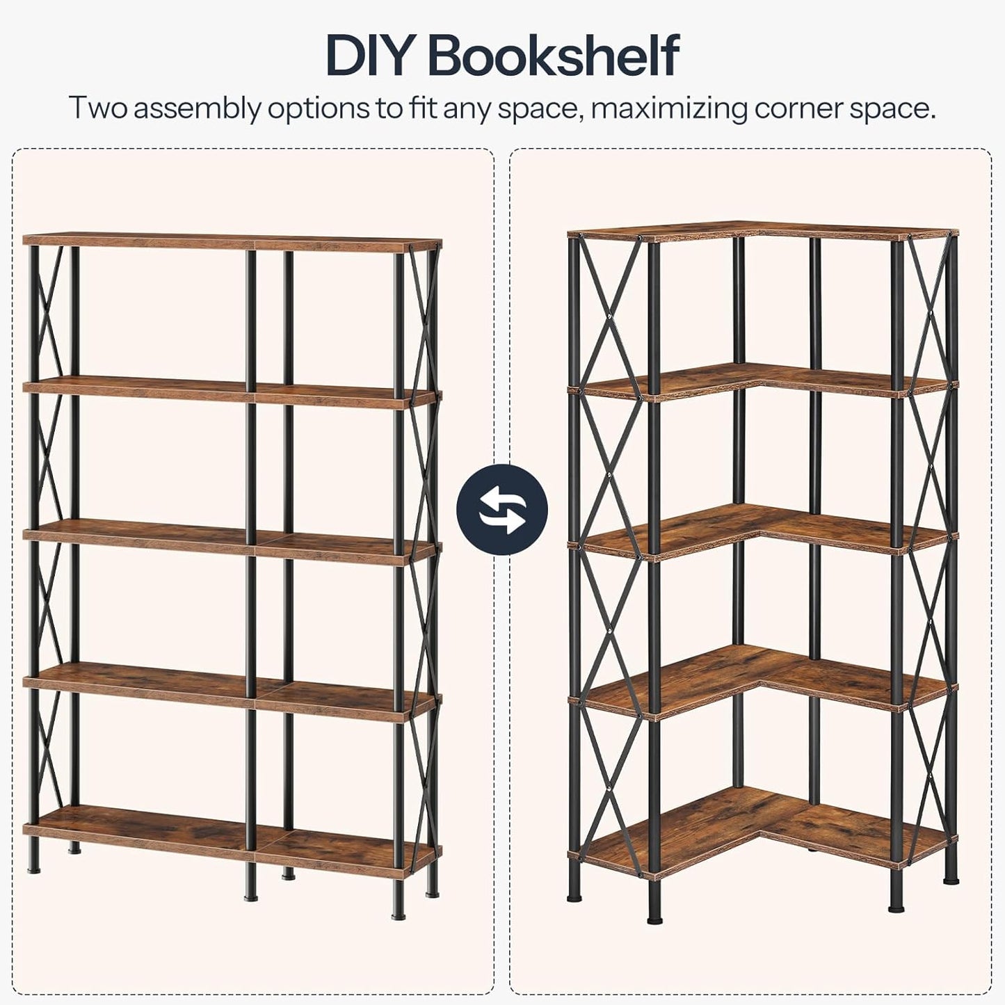 HOOBRO Corner Bookshelf, 5-Tier L-Shaped Bookcase, Industrial Open Display Shelf Tall Storage Organizer, Vertical Storage Rack, for Living Room, Home Office, Rustic Brown and Black BF60SJ01