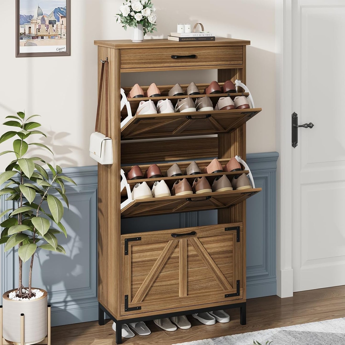 Shoe Storage Cabinet with 2 Flip Drawers, Narrow Shoe Cabinet for Entryway with 1 Top Drawer, Freestanding Hidden Shoe Rack Cabinet with Metal Legs for Foyer, Hallway (White)