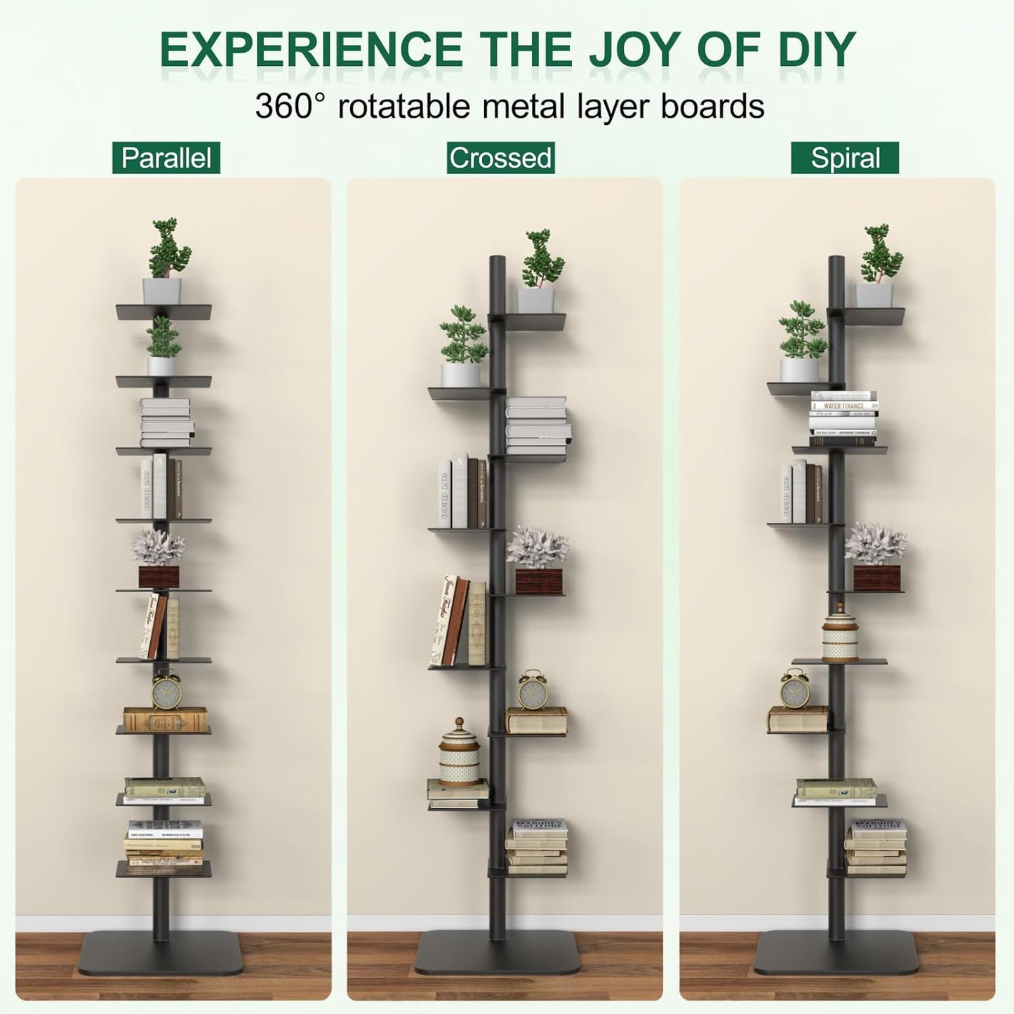 9 Tier Metal Spine Bookshelf Tower, Adjustable Vertical Spine Book Tower Floor, Metal Vertical Bookshelf for Study Room,Living Room,Office,Bedroom (Black)