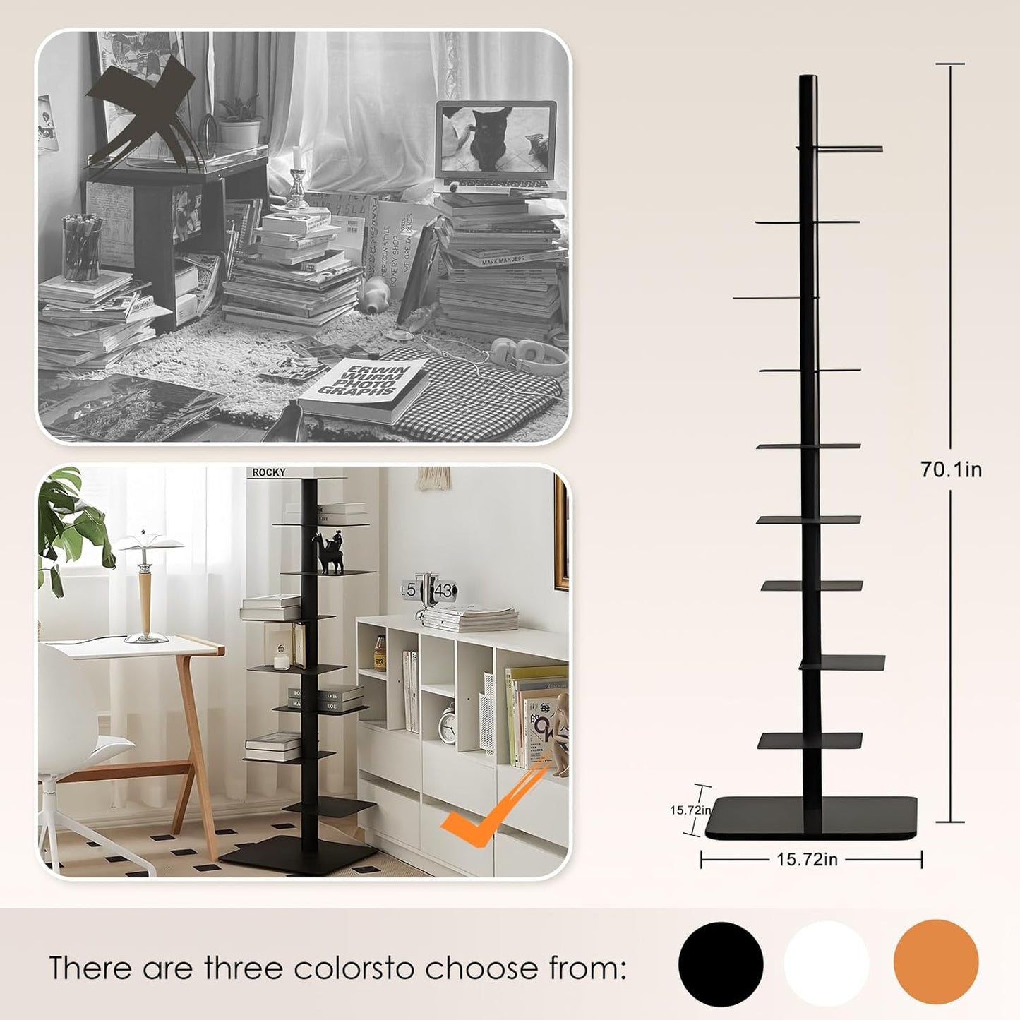 9-Tier Metal Spine Bookshelf - Vertical Tower for Booksfor Small Spaces, Multipurpose Corner Bookshelf, Tall & Narrow Ladder Bookcase, Ideal Book Display for Home or Office (White)