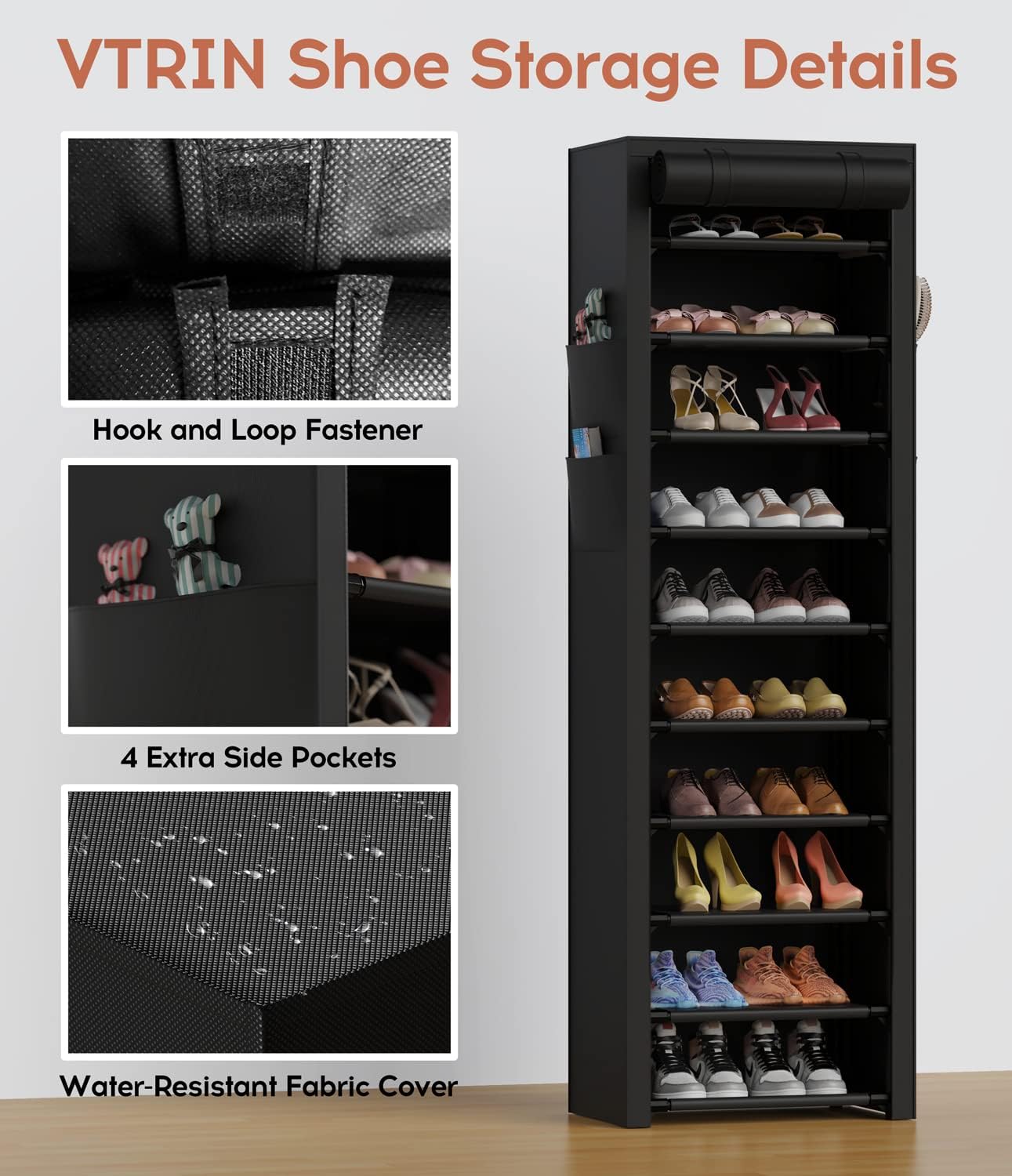 VTRIN Vertical Narrow Shoe Rack Organizer Tall Shoe Rack for Closet Entryway 10 Tier Non-Woven Cover Shoe Shelf Holds 20-22 Pairs Free Standing Shoe Storage Cabinet with Dustproof Cover, Black