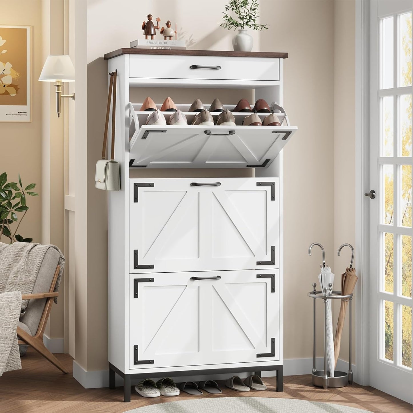 Shoe Storage Cabinet with 2 Flip Drawers, Narrow Shoe Cabinet for Entryway with 1 Top Drawer, Freestanding Hidden Shoe Rack Cabinet with Metal Legs for Foyer, Hallway (White)