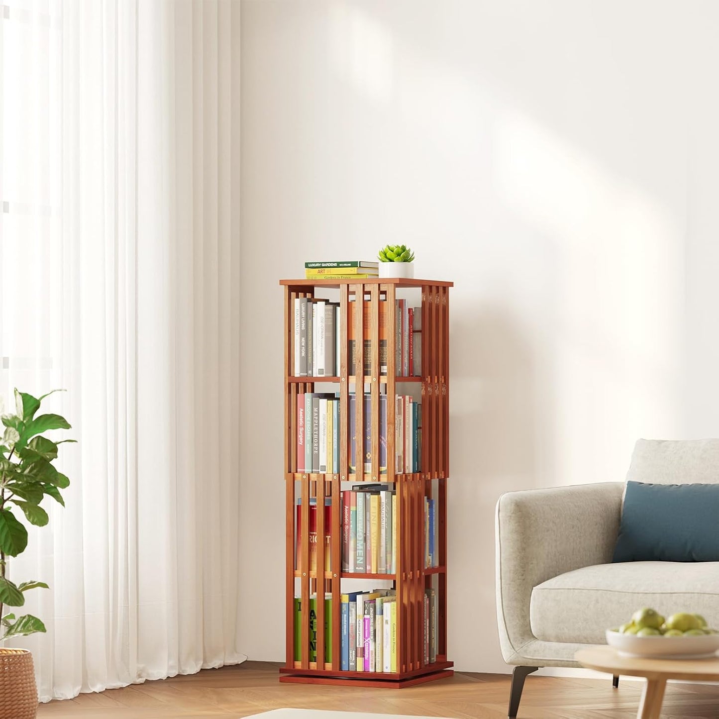 SpaceAid 6 Tier Rotating Bookshelf Tower, Bamboo Spinning Book Shelf, Revolving 360 Bookcase Storage Swivel Round Carousel, Vertical Rotate Turning Spiral Corner Organizer (6-Tier Walnut)