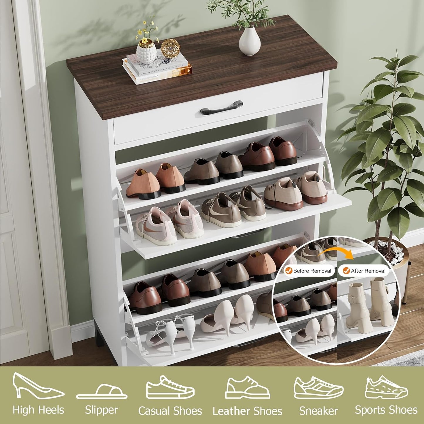 Shoe Storage Cabinet with 2 Flip Drawers, Narrow Shoe Cabinet for Entryway with 1 Top Drawer, Freestanding Hidden Shoe Rack Cabinet with Metal Legs for Foyer, Hallway (White)