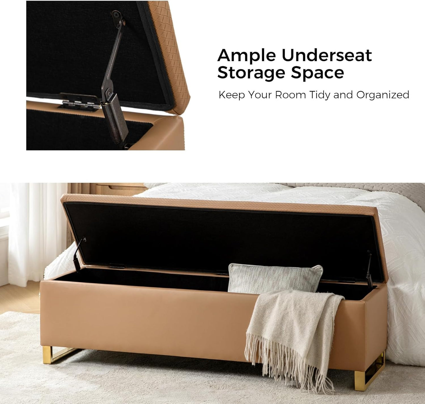 Storage Ottoman Bench with Throw Ottomans, Modern End of Bed Bench, Upholstered Footrest Stool with Gold Legs for Living, Bedroom, Entryway and Hallway(Camel 60inch)