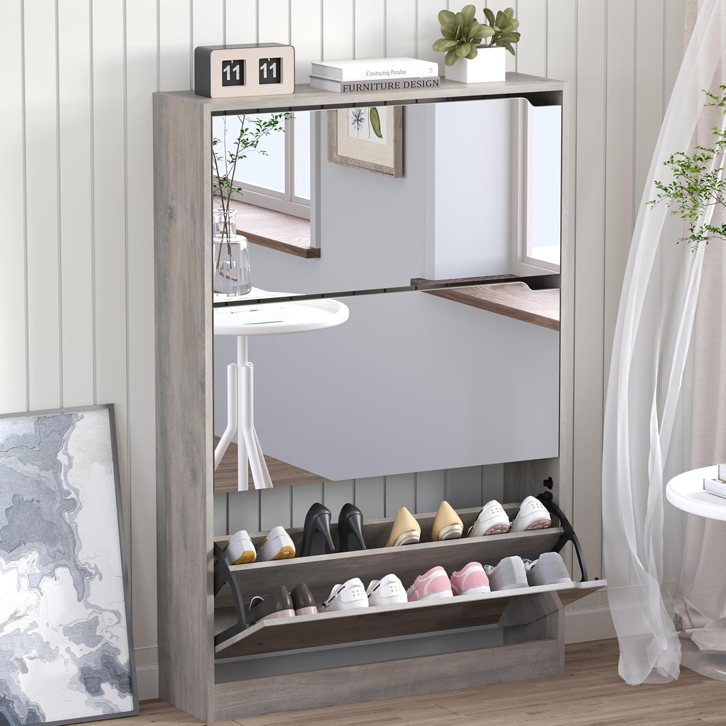 Shoe Cabinet with 3 Flip Drawers, Hidden Wood Shoe Cabinet,Freestanding Shoe Storage Cabinet for Entryway Hallway.White. 47.2" H*31.5" W*9.25" D.