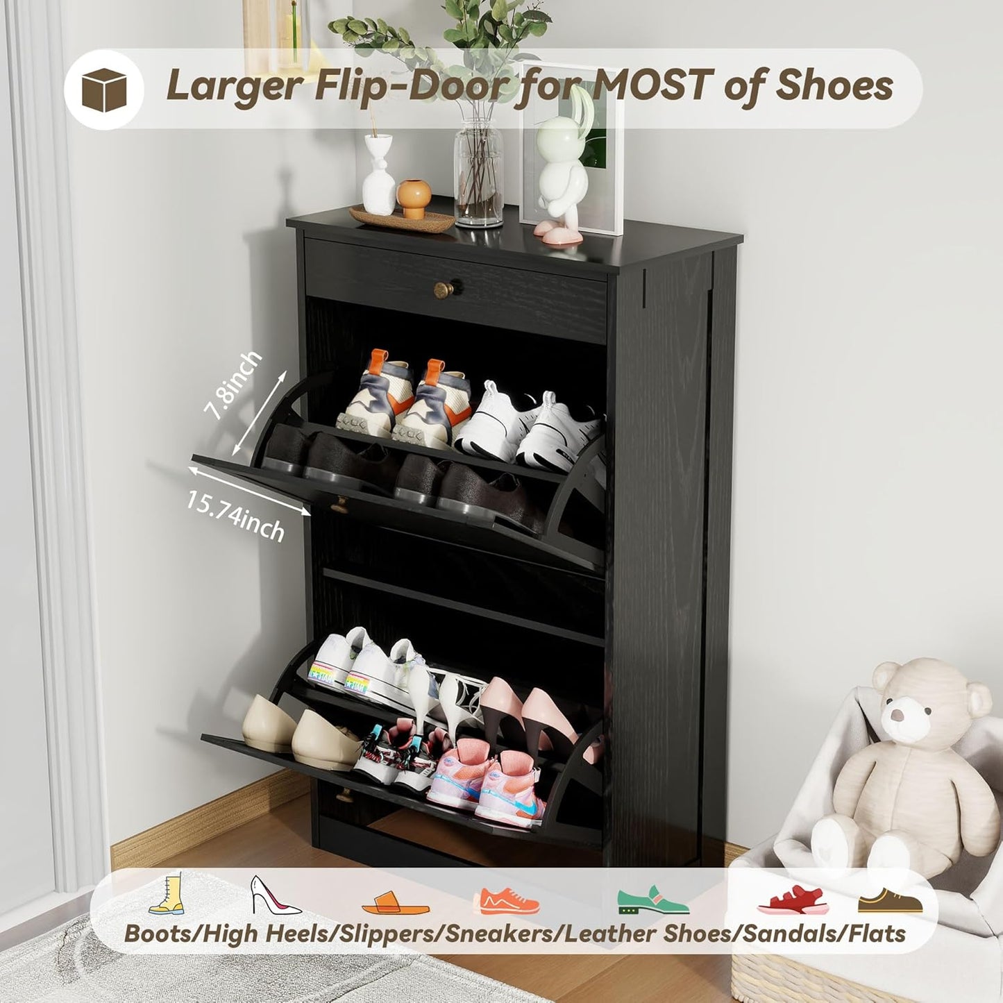 Shoe Cabinet with 2 Flip Drawers, Slim Freestanding Hidden Shoe Organizer with Drawer, Pet-Proof Shoe Storage Cabinet for Entryway Living Room Behind The Door, Black