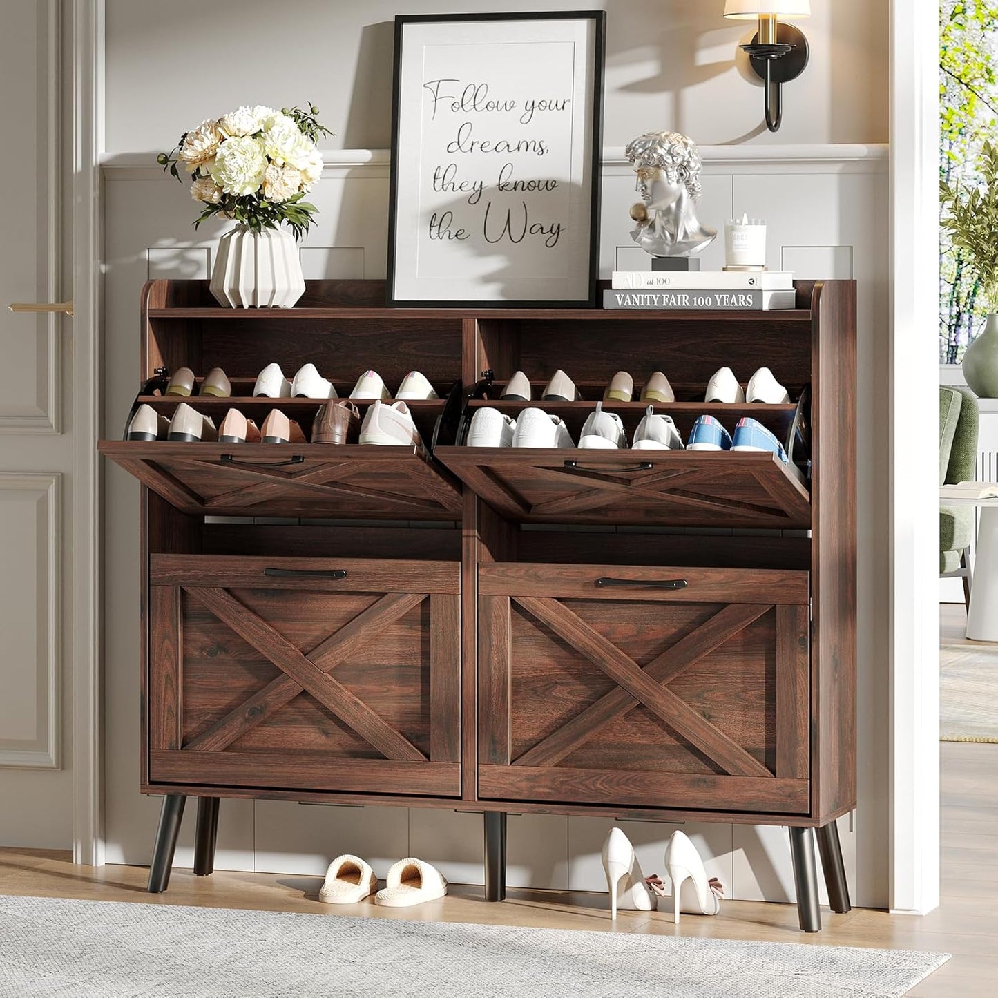 Maupvit Shoe Storage Cabinet with 2 Flip Drawers, Freestanding Organizer with Metal Legs for Entryway, Narrow Shoe Rack Cabinet, Dark Walnut