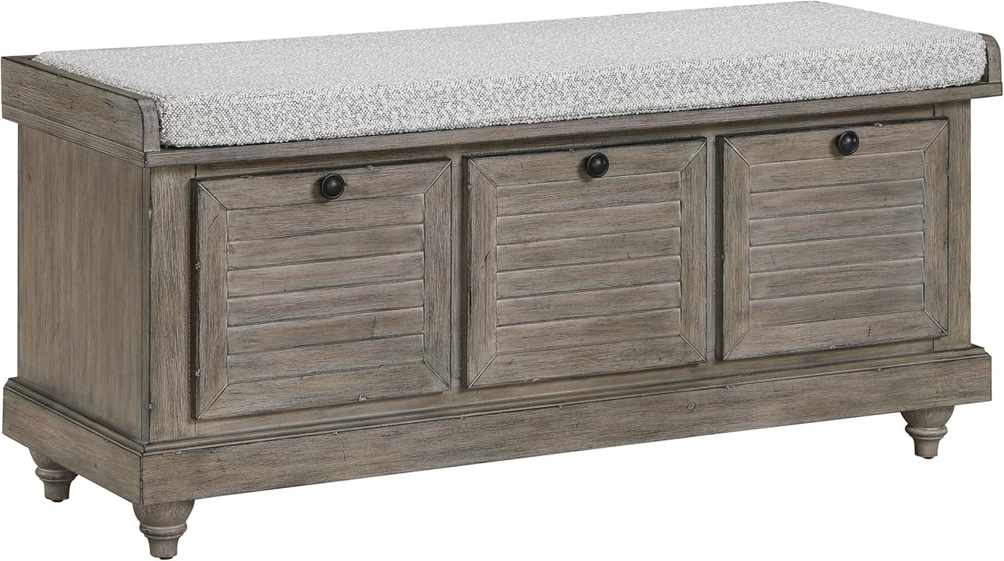 OSP Home Furnishings Dover Coastal Lift-Top Storage Bench with Shutter Face Styling, Distressed Brown Finish with Beige Linen Fabric Cushion