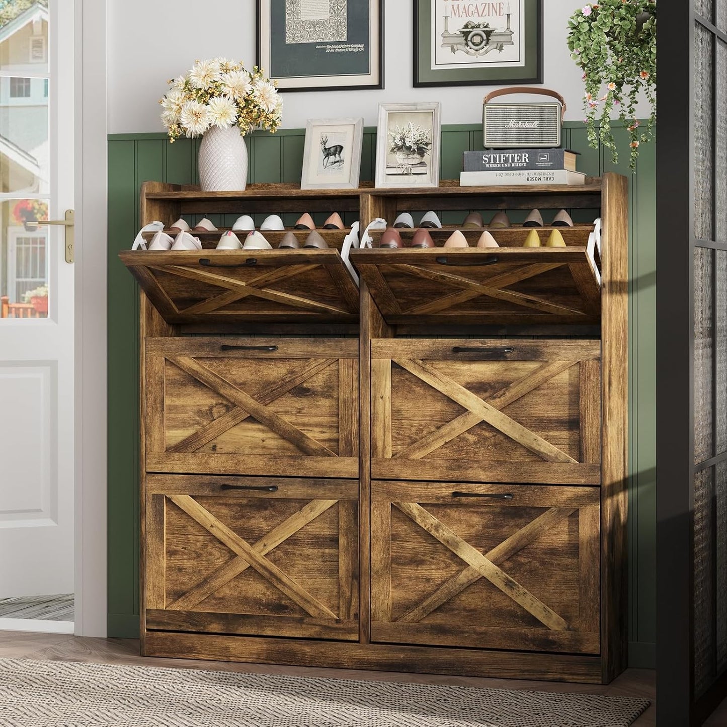 Maupvit Shoe Storage Cabinet with 2 Flip Drawers, Freestanding Organizer with Metal Legs for Entryway, Narrow Shoe Rack Cabinet, Dark Walnut