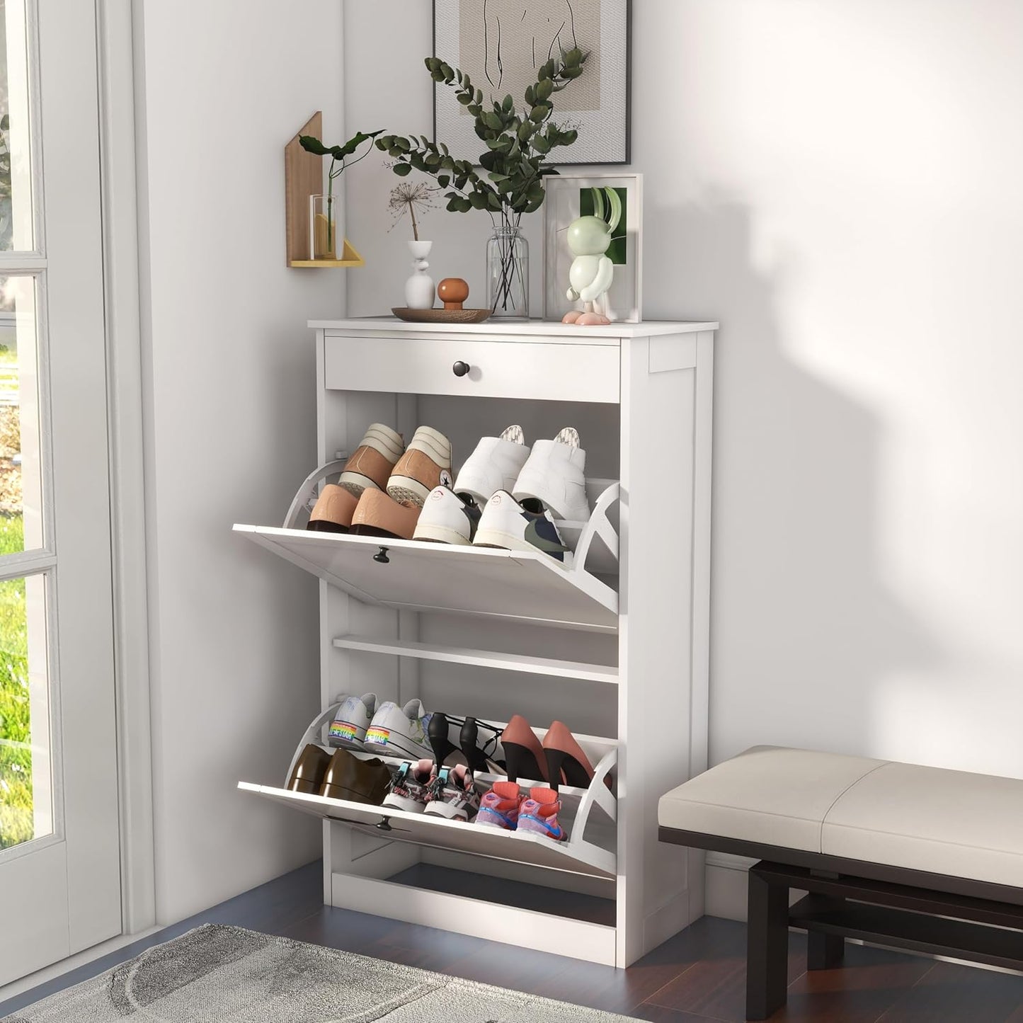 Shoe Cabinet with 2 Flip Drawers, Slim Freestanding Hidden Shoe Organizer with Drawer, Pet-Proof Shoe Storage Cabinet for Entryway Living Room Behind The Door, Black