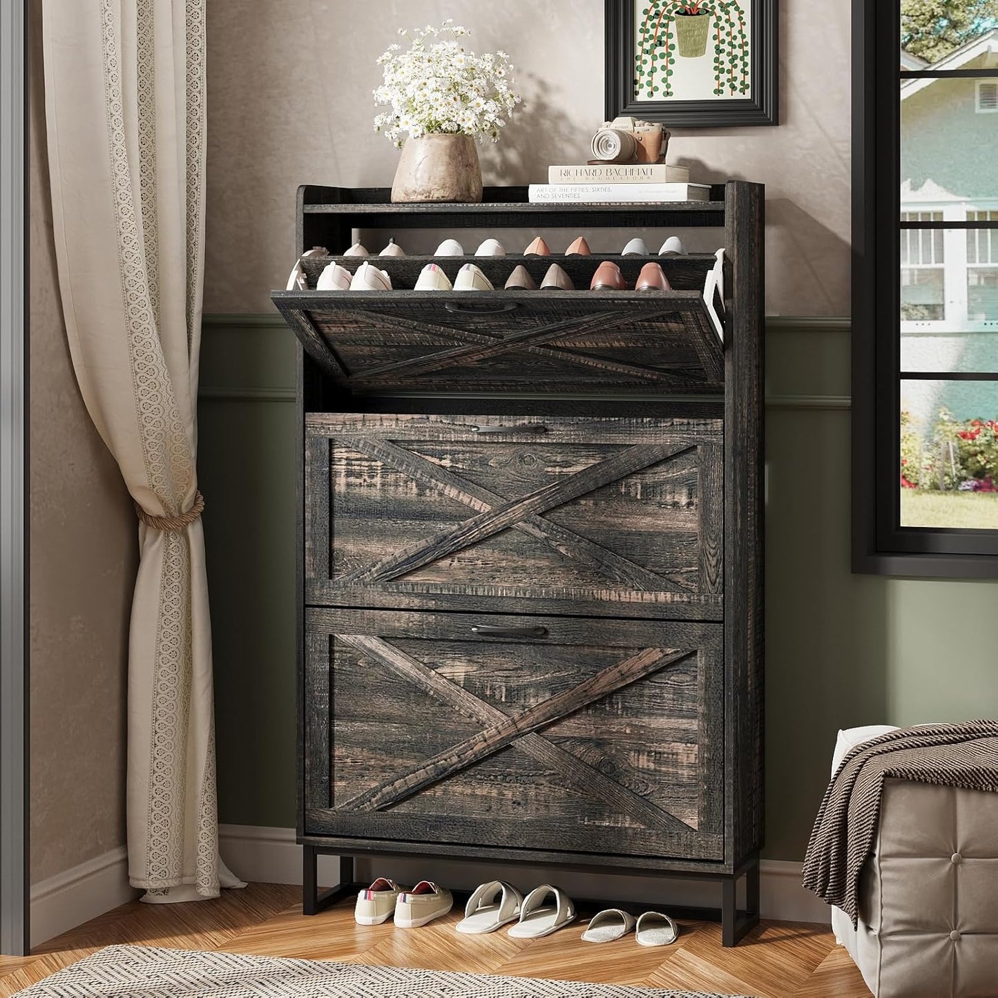 Maupvit Shoe Storage Cabinet with 2 Flip Drawers, Freestanding Organizer with Metal Legs for Entryway, Narrow Shoe Rack Cabinet, Dark Walnut