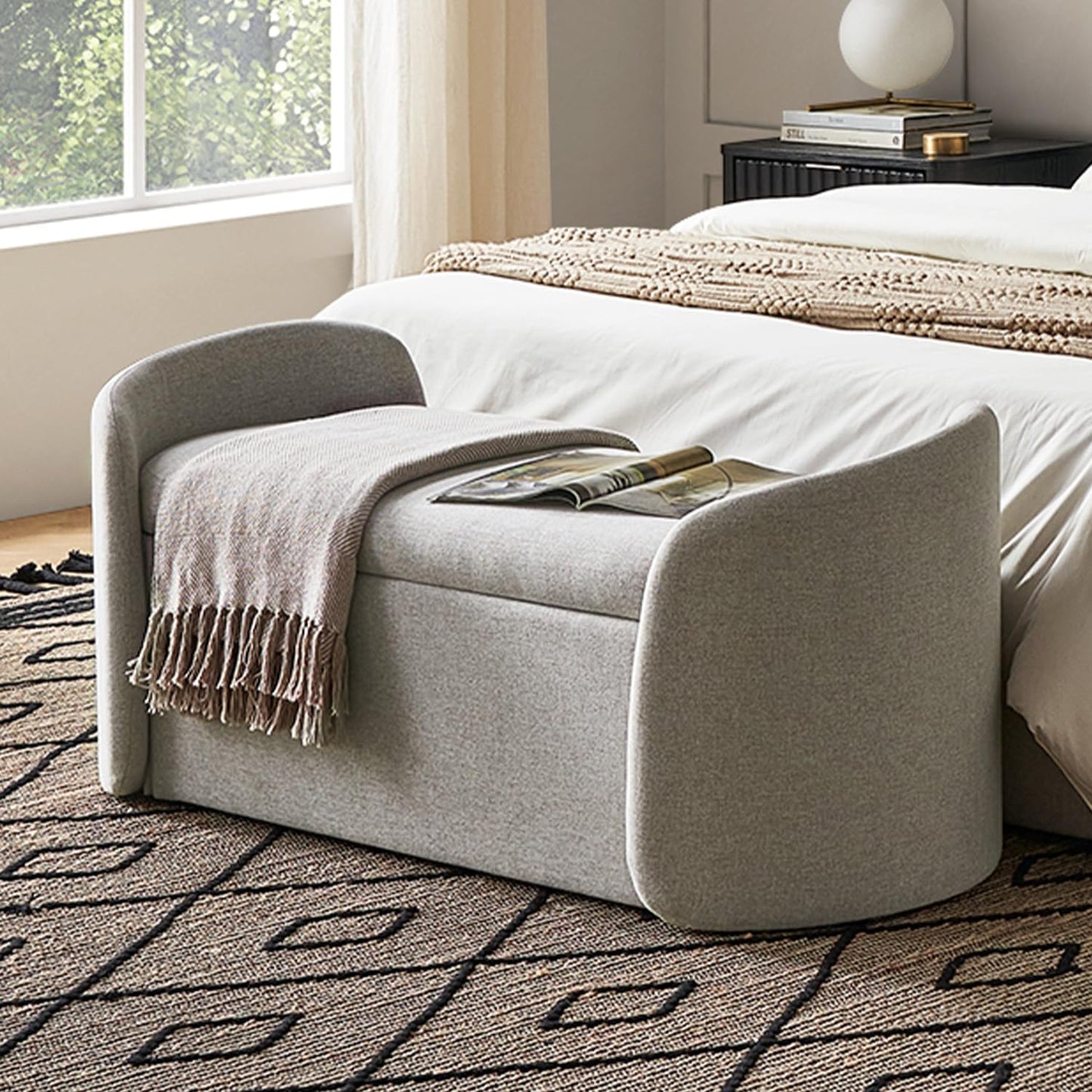 mopio Levi Storage Bench with Reversible Tray, Modern Storage Coffee Table, Bedroom Bench, Rectangular Cube Upholstered Coffee Table Ottoman for Living Room, Bedroom (Faux Leather, Pecan Brown)