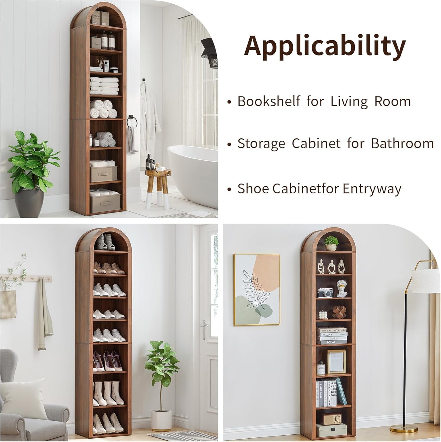 Tall Narrow Arched Bookshelf, 8-Tier Skinny Arch Bookcase for Small Space, Freestanding Storage Organizer with Adjustable Shelves, Open Display Shelves for Living Room, Entryway, Bathroom (Walnut)