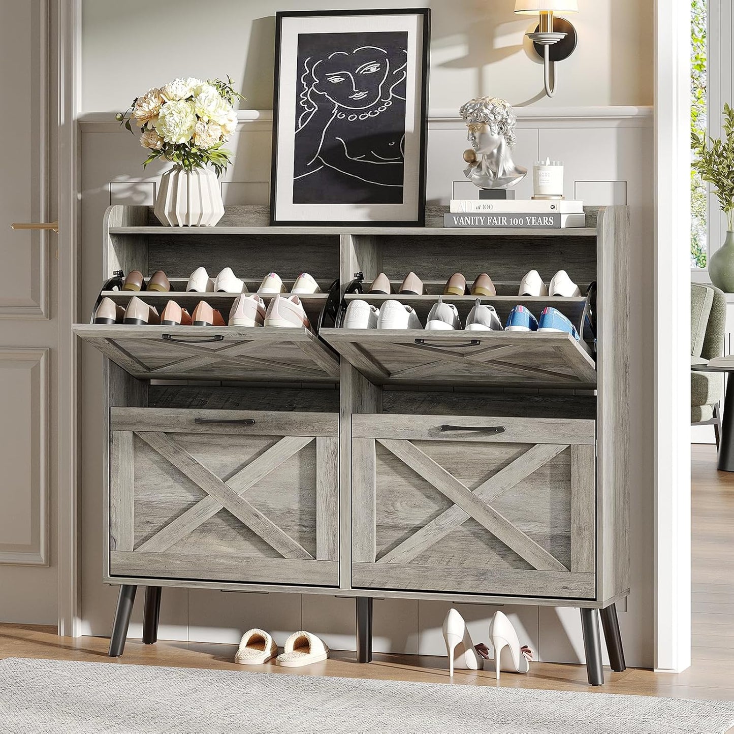 Maupvit Shoe Storage Cabinet with 2 Flip Drawers, Freestanding Organizer with Metal Legs for Entryway, Narrow Shoe Rack Cabinet, Dark Walnut