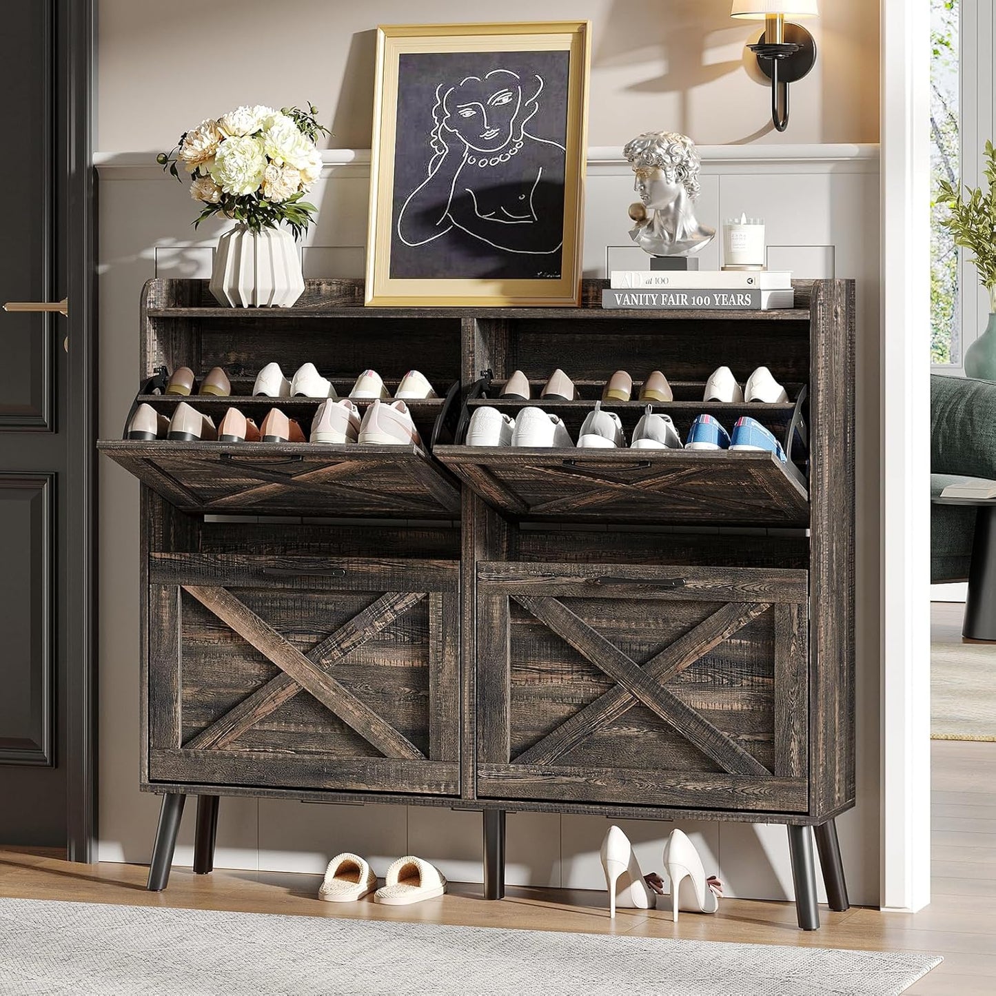 Maupvit Shoe Storage Cabinet with 2 Flip Drawers, Freestanding Organizer with Metal Legs for Entryway, Narrow Shoe Rack Cabinet, Dark Walnut