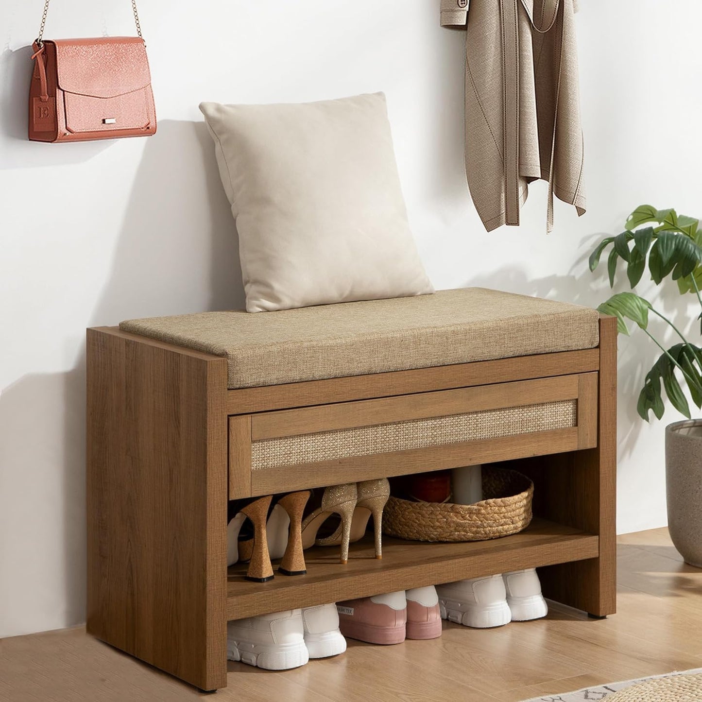 SICOTAS Rattan Shoe Bench Entryway Bench with Storage Drawer and Linen Seat Cushion, Farmhouse Boho Shoe Rack with Shelf, Wooden Storage Bench for Entryway Hallway and Bedroom, Light Oak, 2PCS