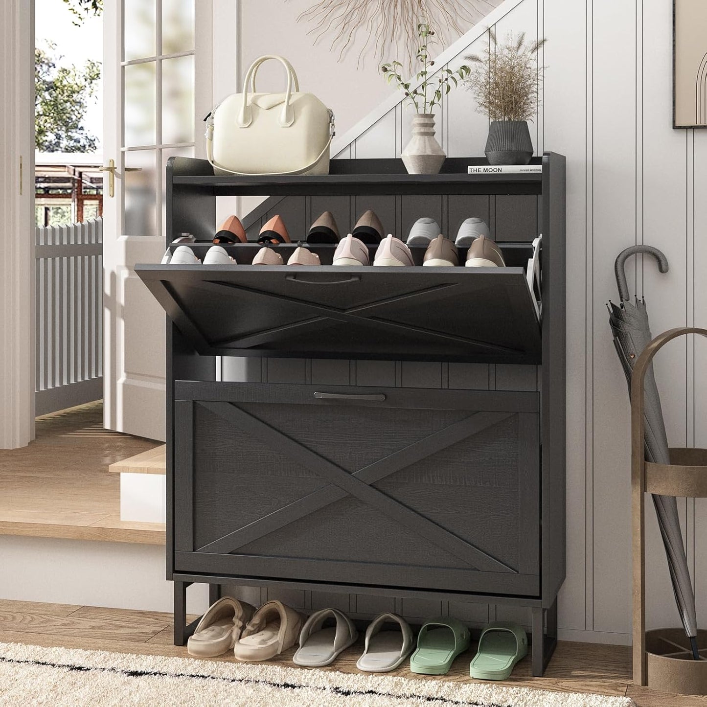 Maupvit Shoe Storage Cabinet with 2 Flip Drawers, Freestanding Organizer with Metal Legs for Entryway, Narrow Shoe Rack Cabinet, Dark Walnut