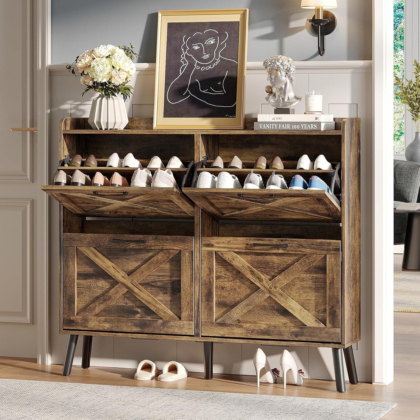 Maupvit Shoe Storage Cabinet with 2 Flip Drawers, Freestanding Organizer with Metal Legs for Entryway, Narrow Shoe Rack Cabinet, Dark Walnut