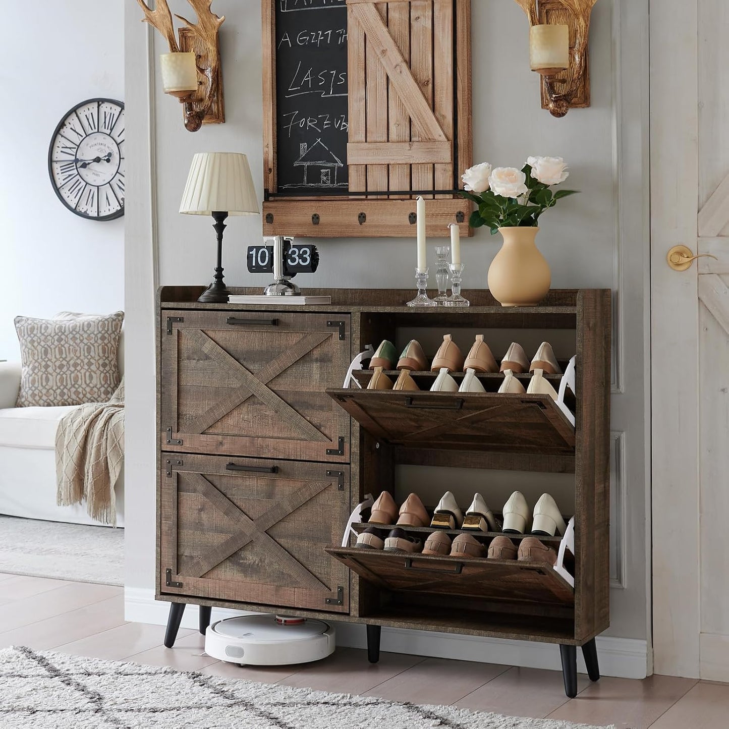 Shoe Storage Cabinet,Farmhouse Shoe Organizer with 2 Flip Drawers & Barn Door Design,Freestanding Hidden Slim Narrow Shoe Rack Cabinet for Entryway,Foyer,Hallway,Walnut