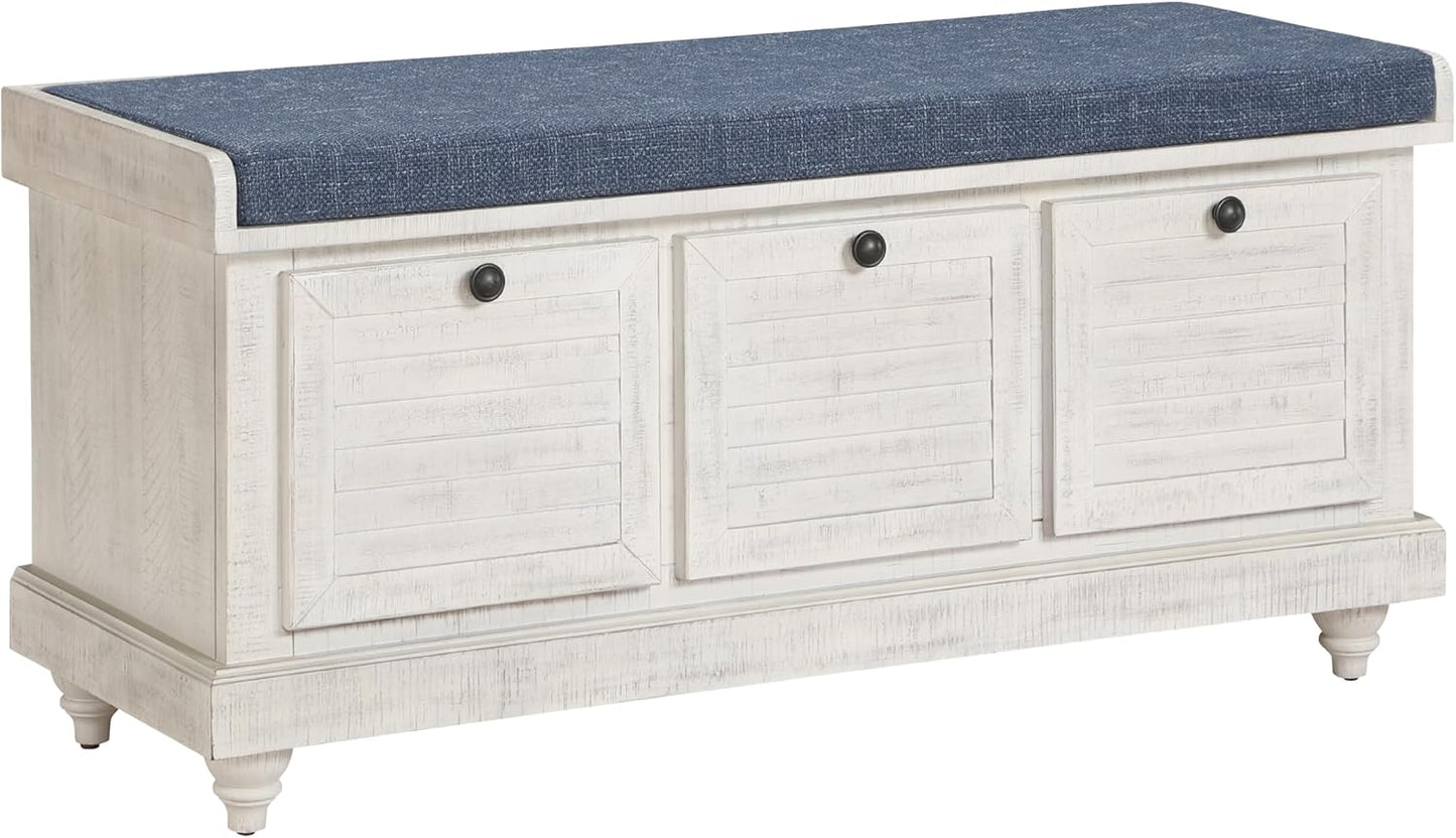 OSP Home Furnishings Dover Coastal Lift-Top Storage Bench with Shutter Face Styling, Distressed Brown Finish with Beige Linen Fabric Cushion